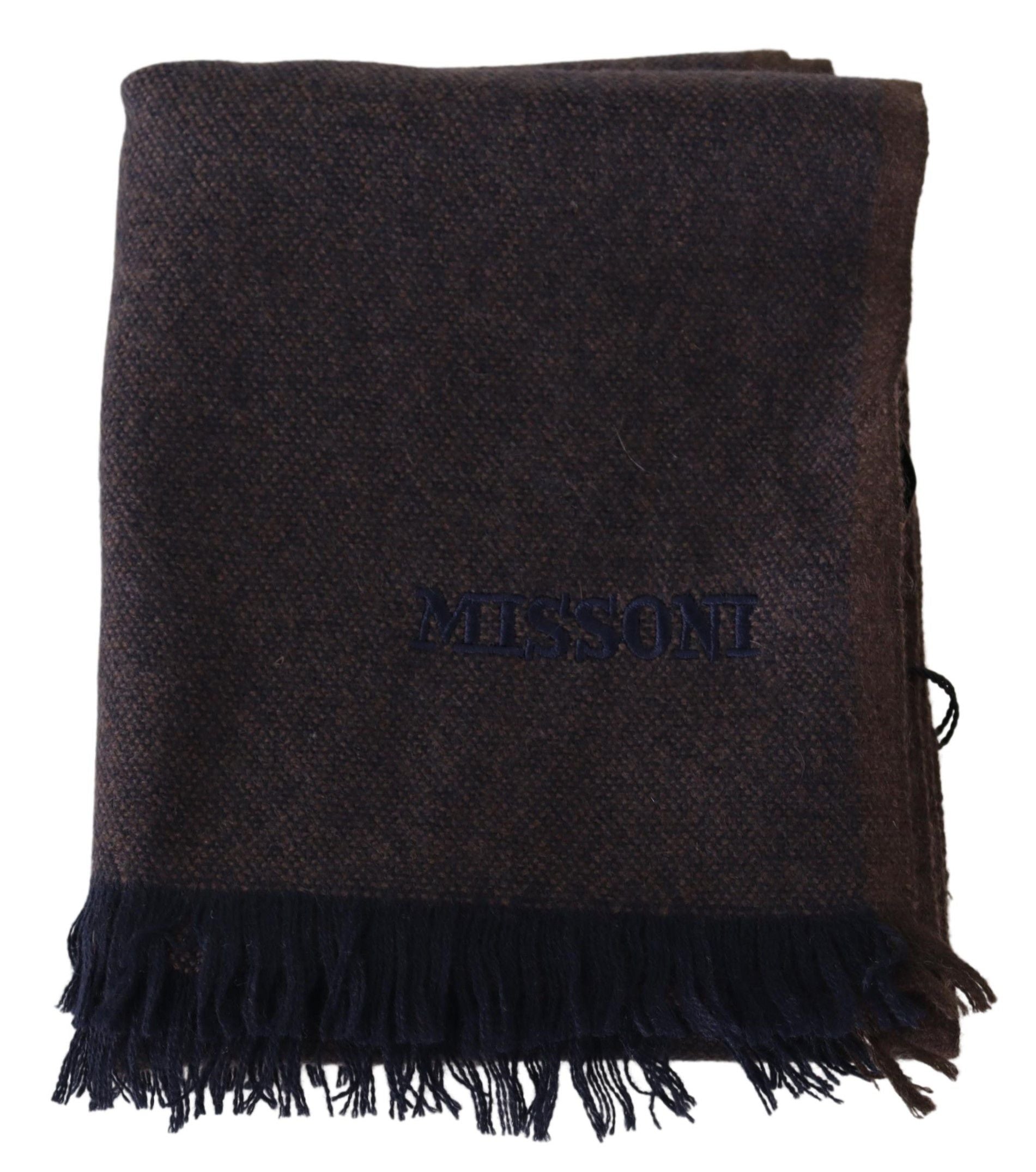 Brown Cashmere Scarf with Fringes and Embroidered Logo