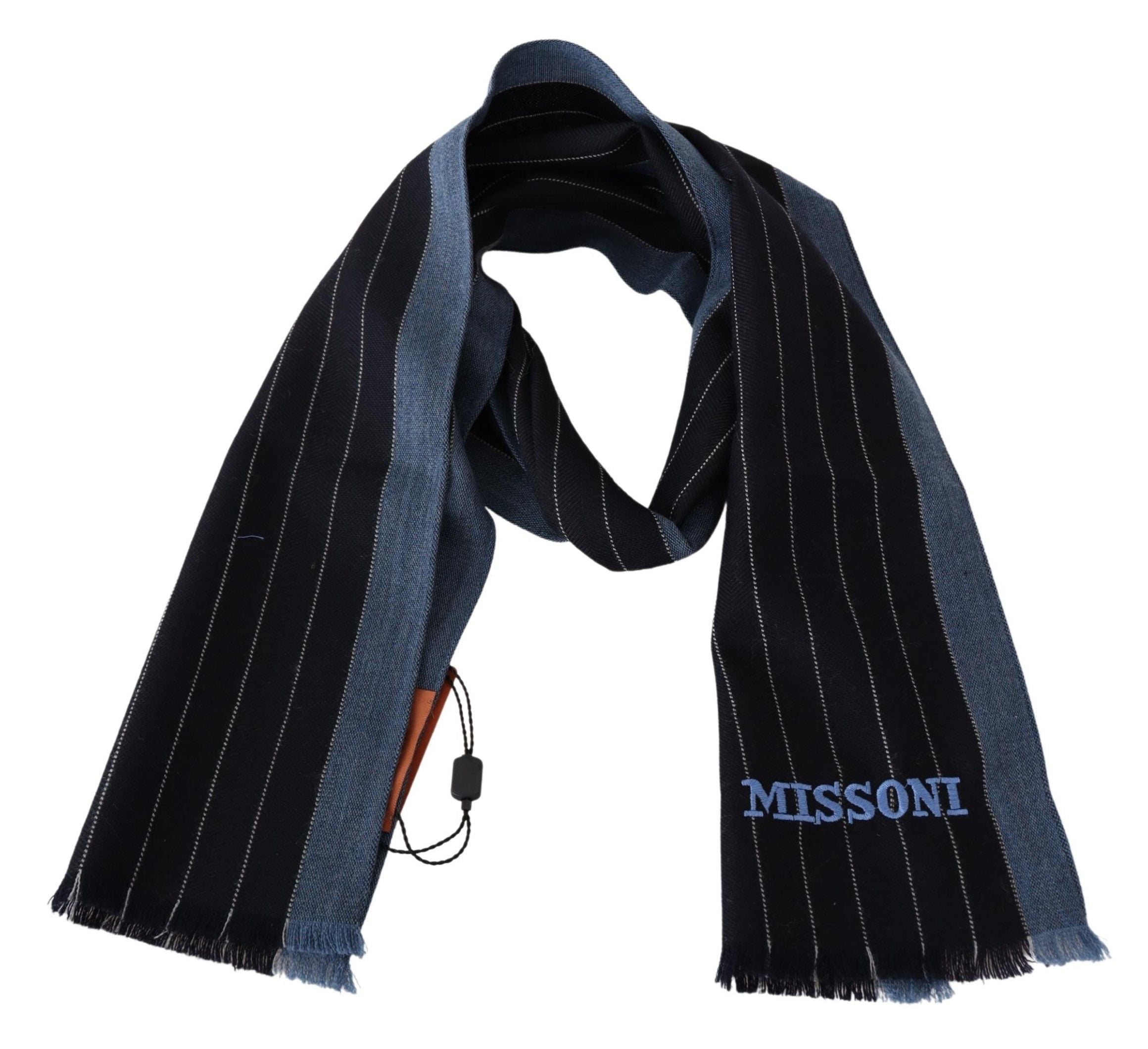 Black Blue Wool Scarf with Stripes and Logo Embroidery