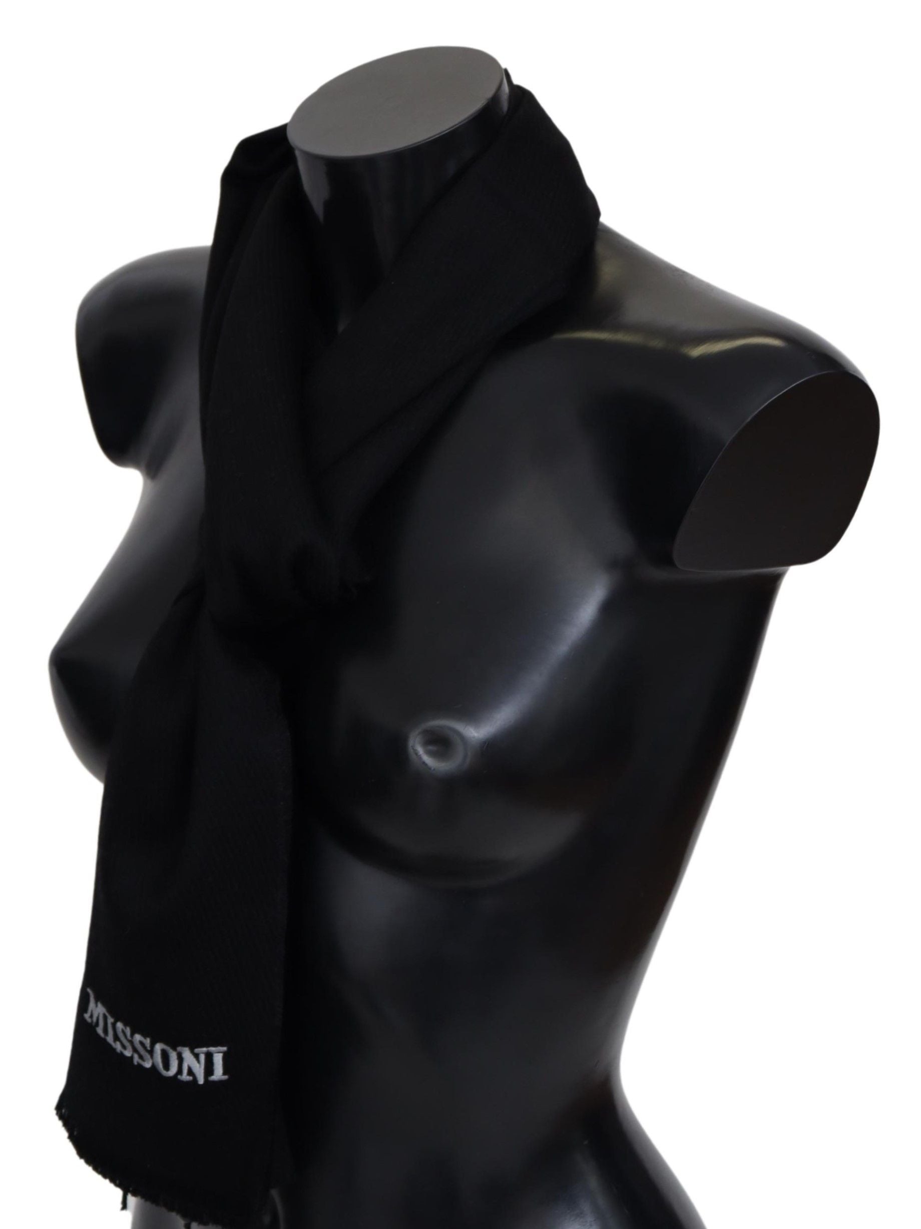 Écharpe unisexe noire 100 % laine avec franges et logo