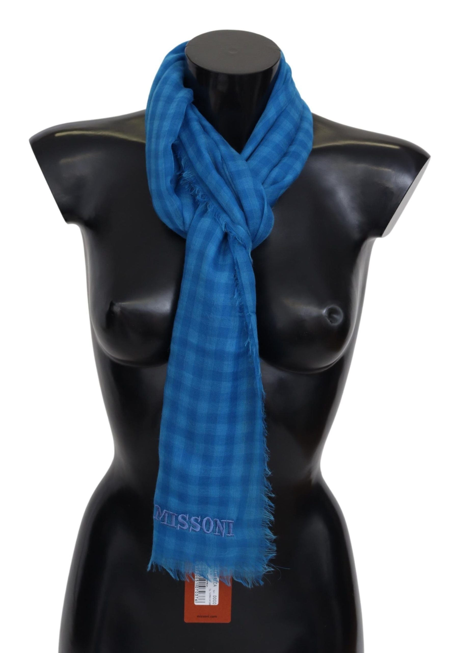 Blue Cashmere Scarf with Checkered Pattern and Fringes