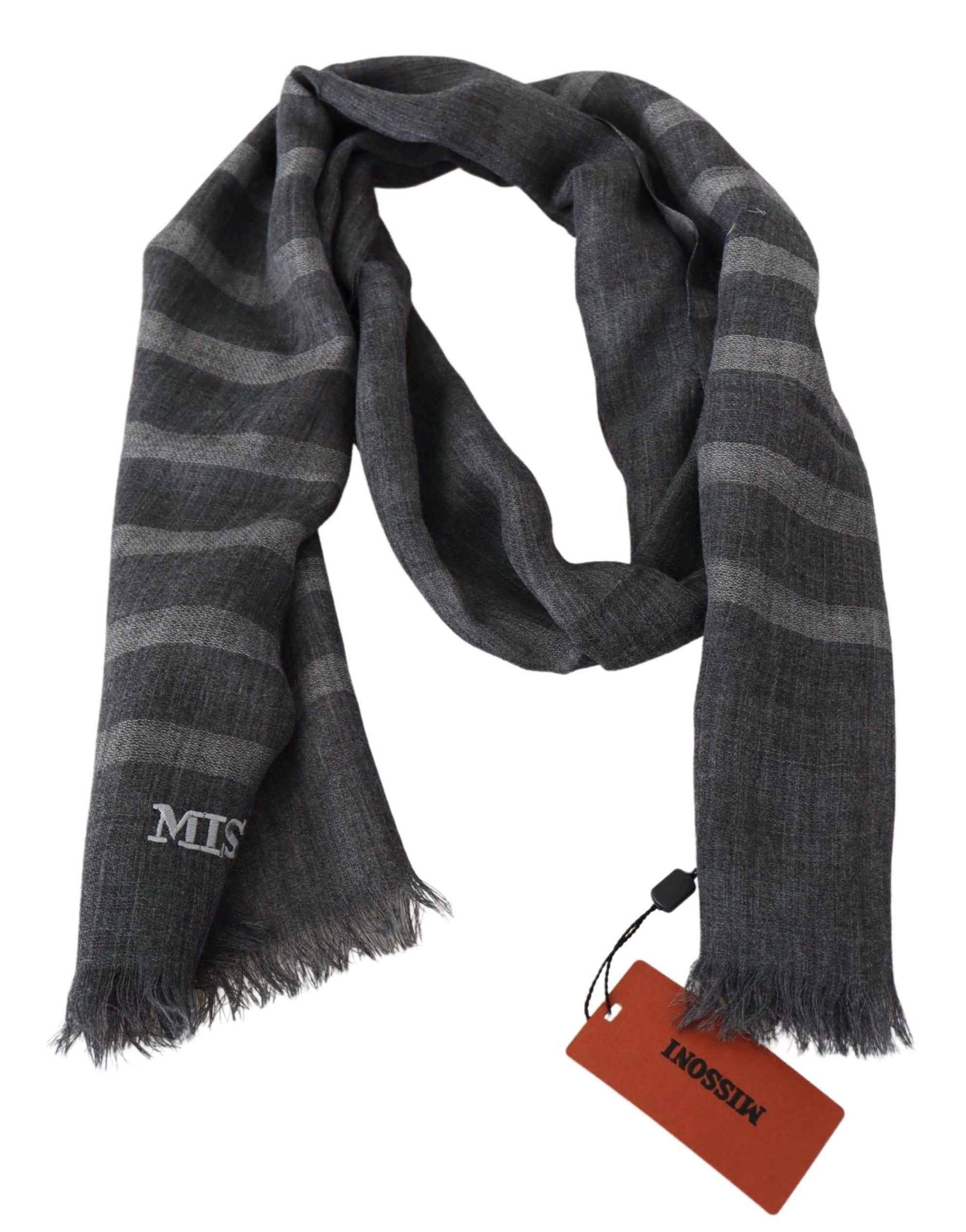 Gray Wool Scarf with Stripes and Fringed Edges