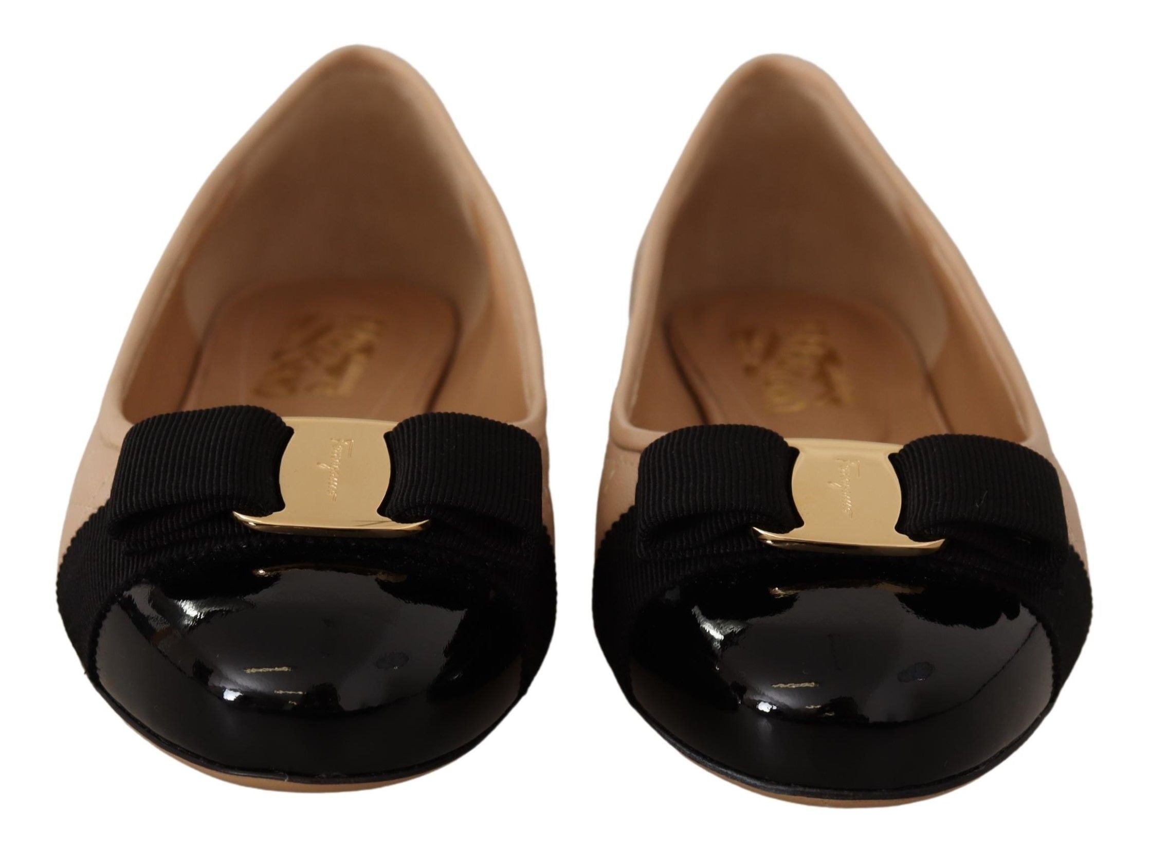 New Bisque and Black Leather Ballet Flats with Grosgrain Bow