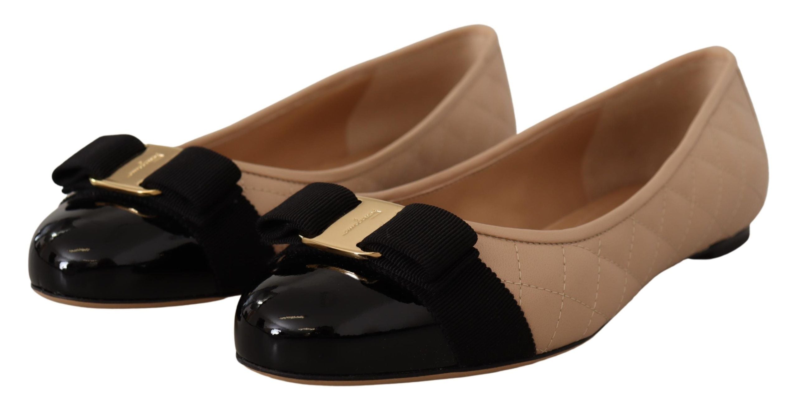 New Bisque and Black Leather Ballet Flats with Grosgrain Bow