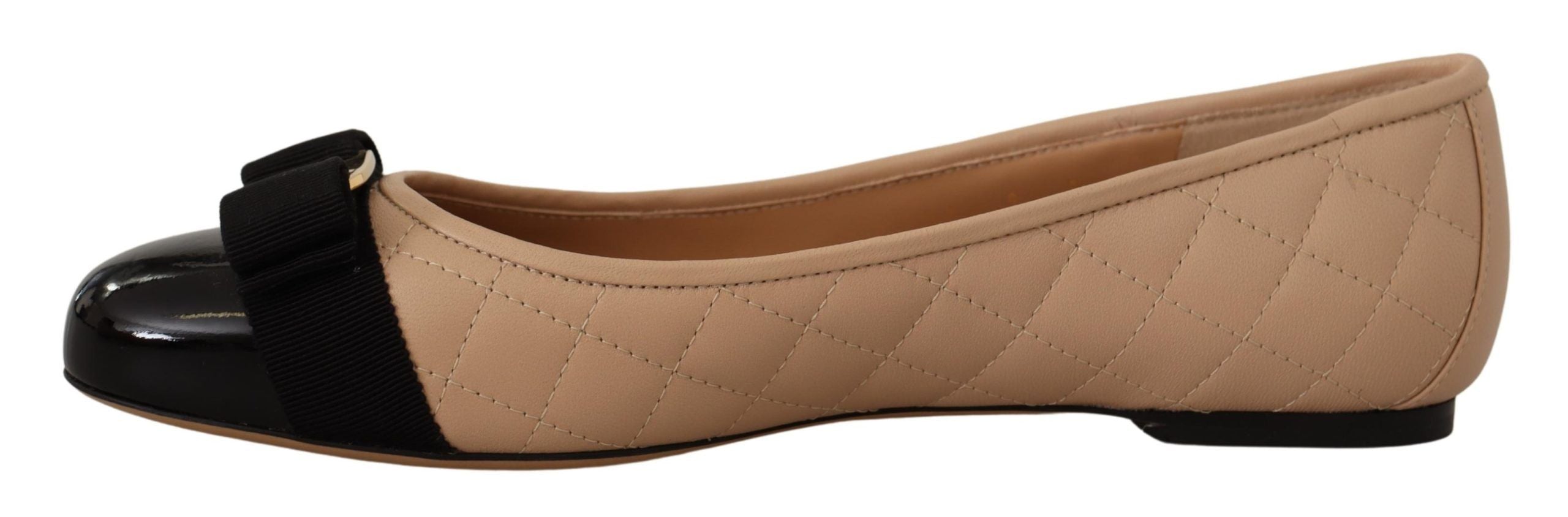 New Bisque and Black Leather Ballet Flats with Grosgrain Bow