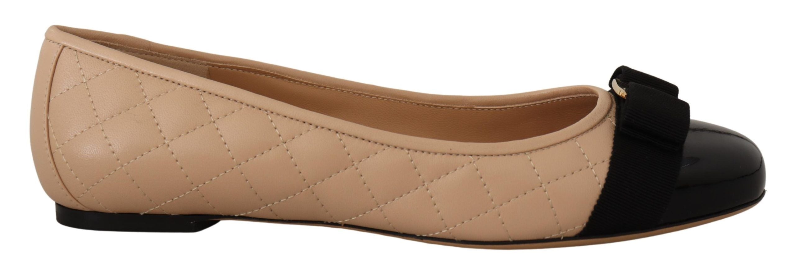 New Bisque and Black Leather Ballet Flats with Grosgrain Bow