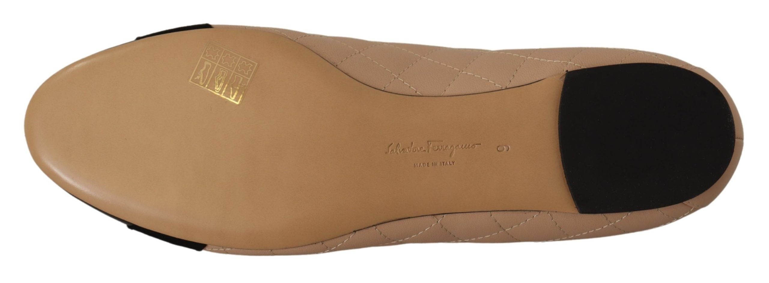 New Bisque and Black Leather Ballet Flats with Grosgrain Bow