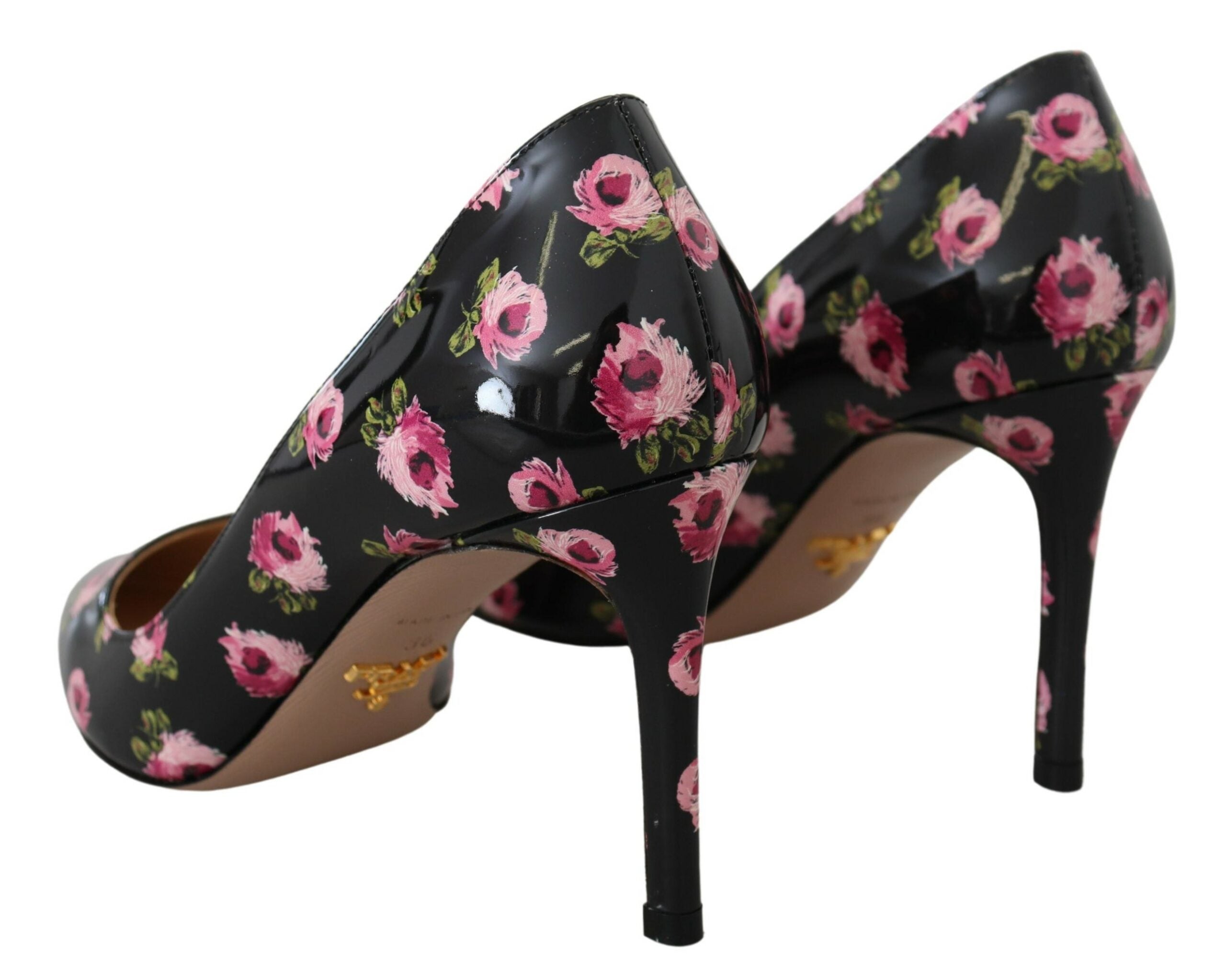 Schwarze Lederpumps mit pinkem Blumenmuster und Pfennigabsatz