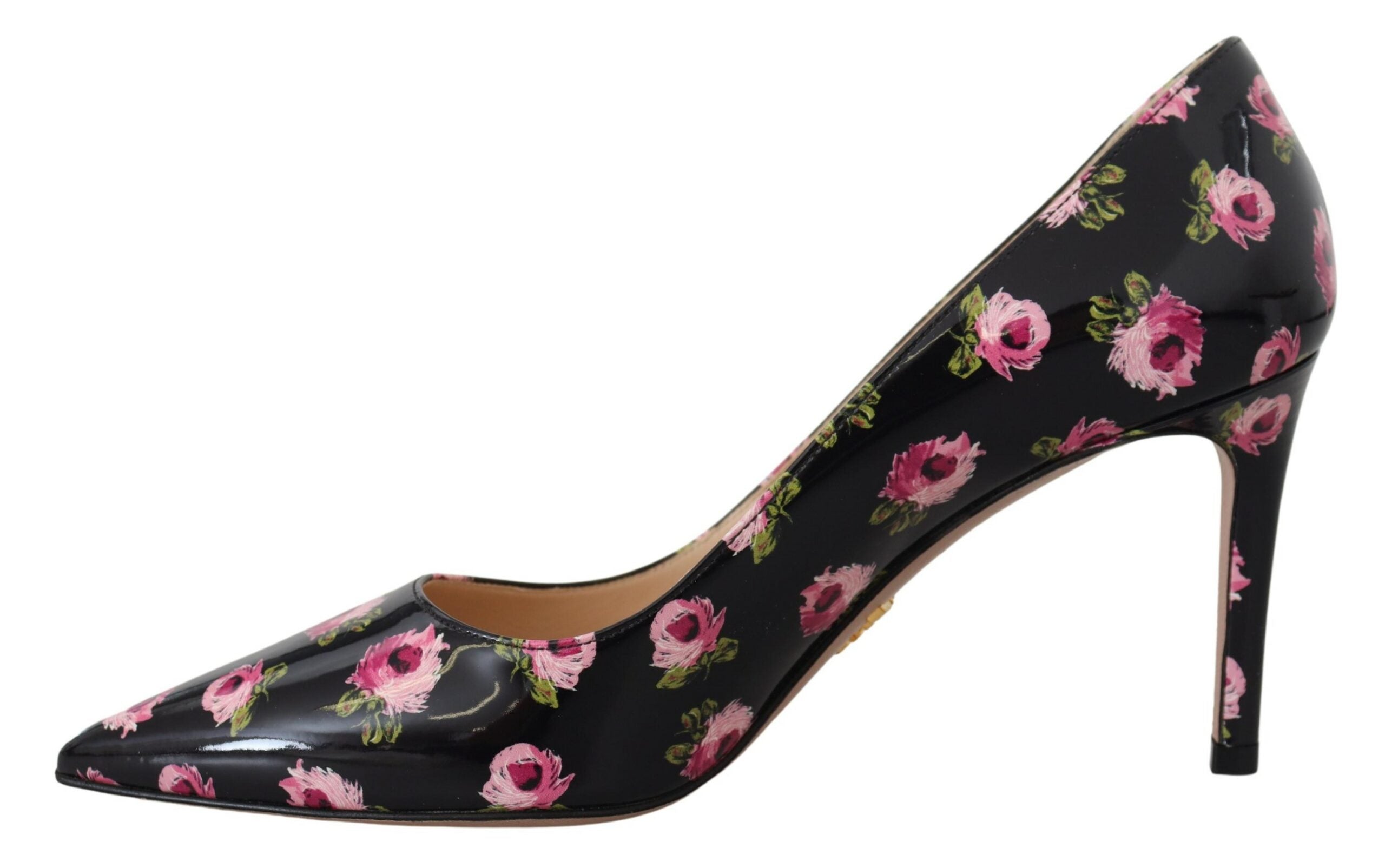 Black Leather Pumps with Pink Floral Print Stilettos