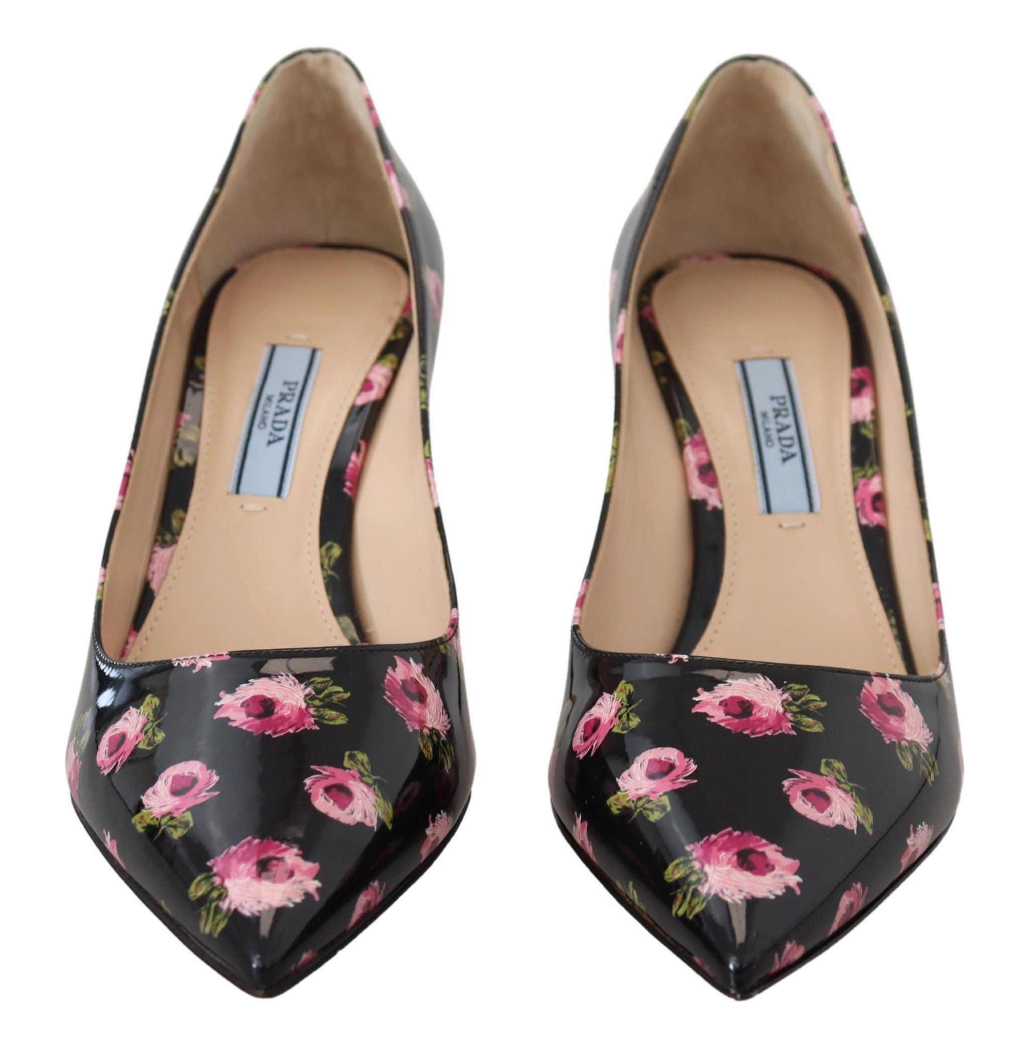 Black Leather Pumps with Pink Floral Print Stilettos