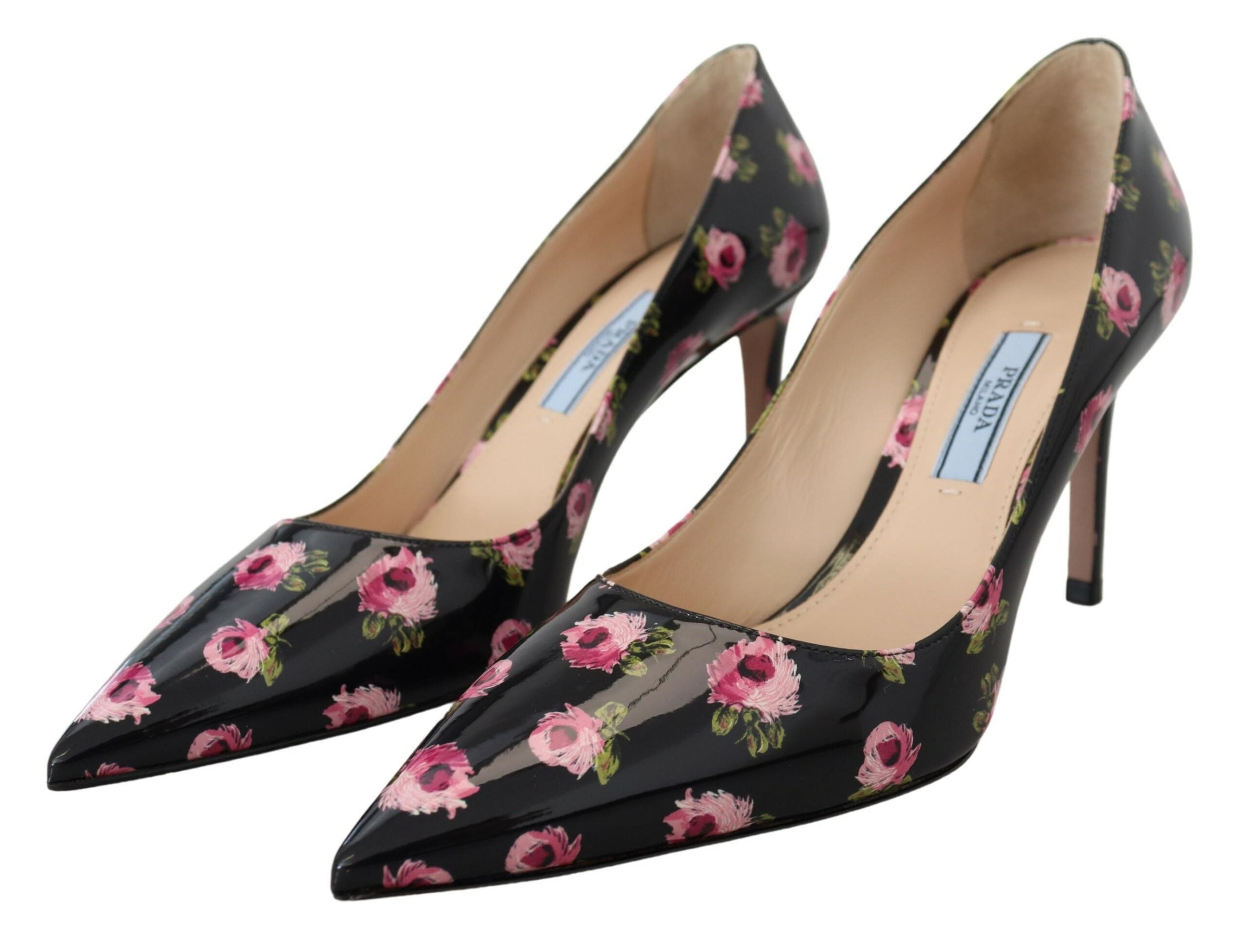 Black Leather Pumps with Pink Floral Print Stilettos