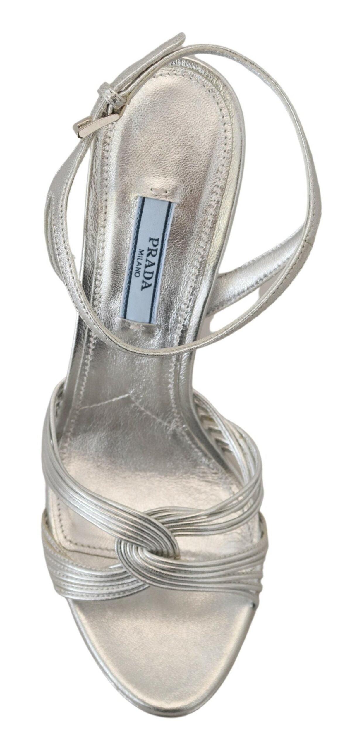 Prada silberne Leder-Sandalen, Knöchelriemen, Stiletto-Absätze