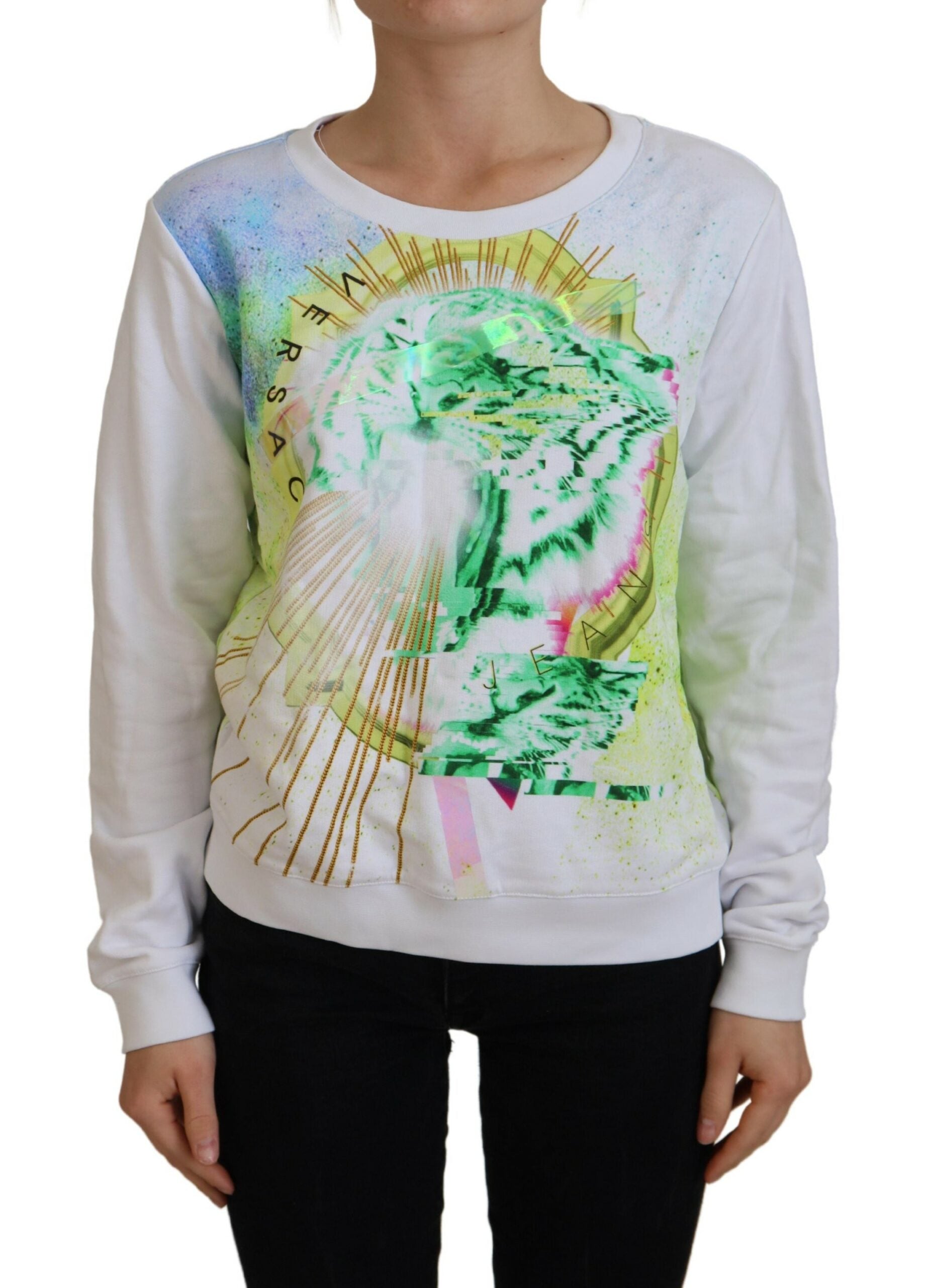 Weißer Baumwollpullover mit grafischem Print und langen Ärmeln
