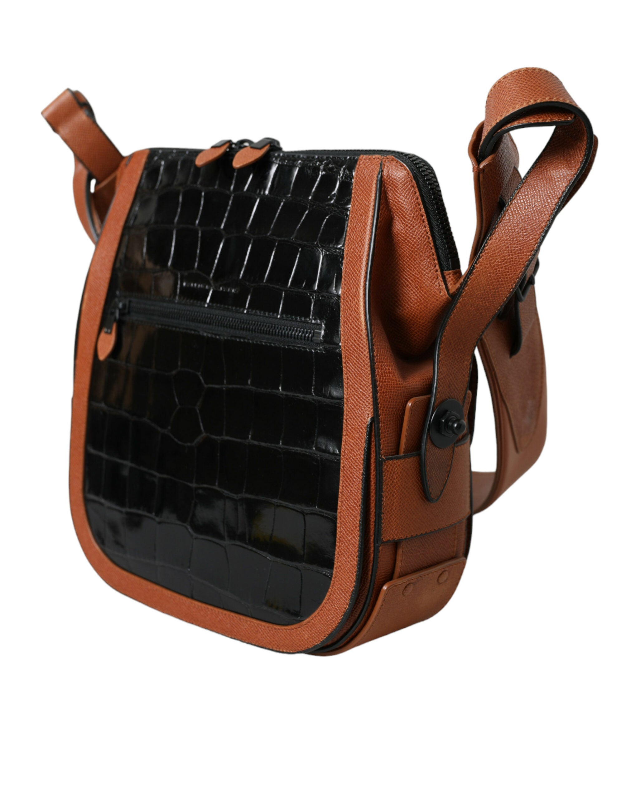Black Brown Leather Crossbody Bag with Exotic Detail