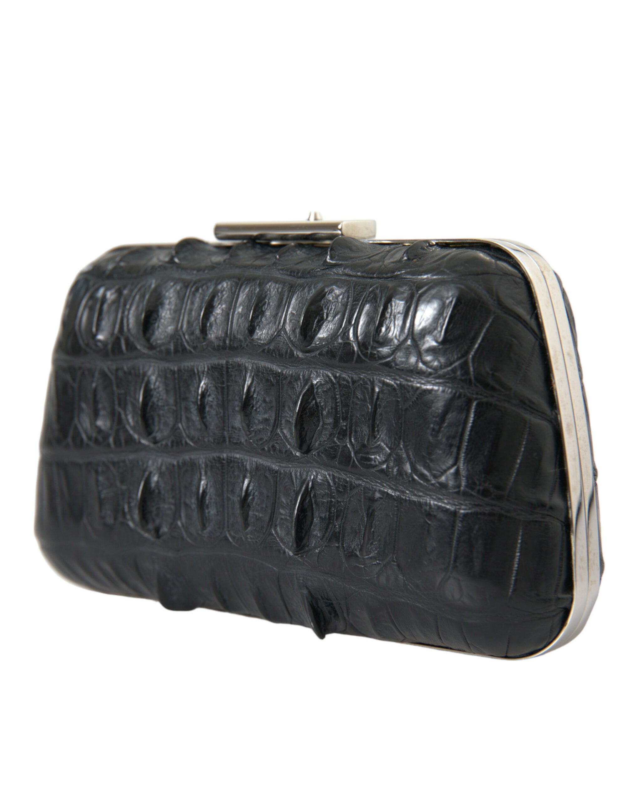 Black Leather Crocodile Skin Crossbody Clutch Bag