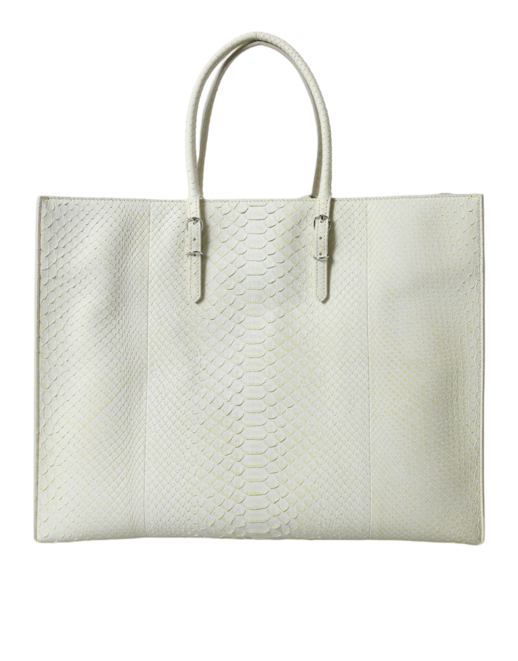 White Yellow Leather Tote Bag with Studs and Buckles