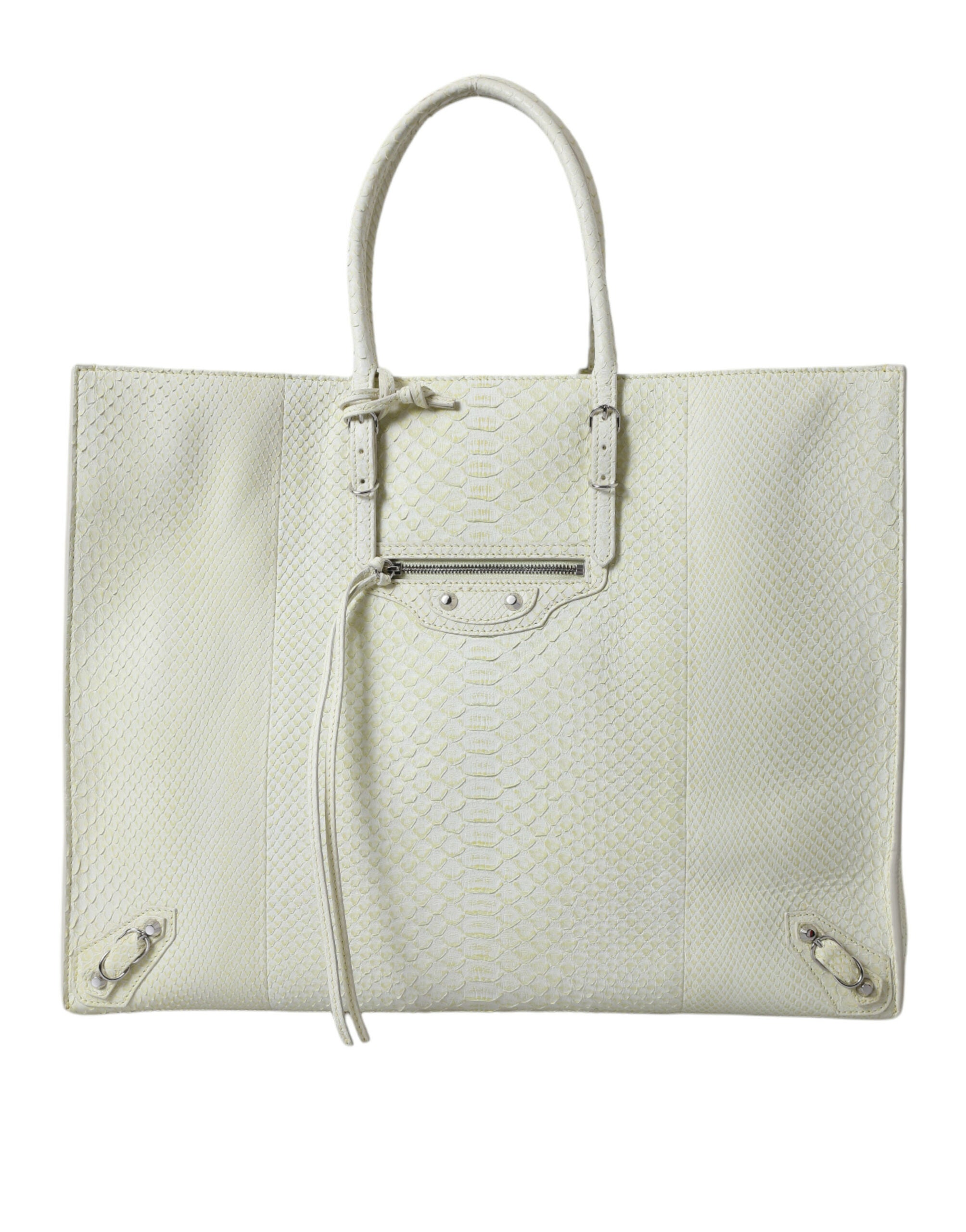 White Yellow Leather Tote Bag with Studs and Buckles