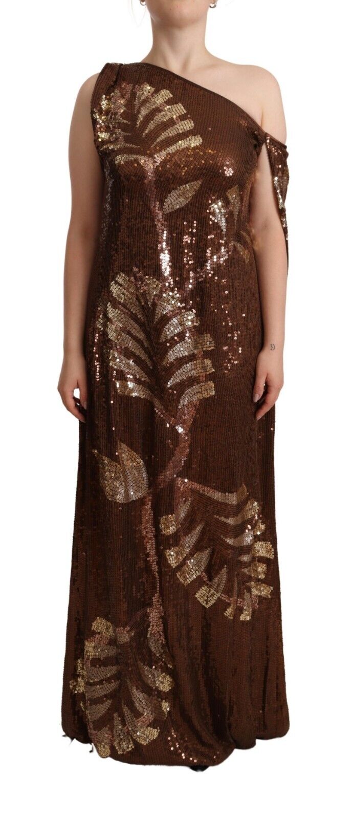 Robe longue asymétrique à sequins marron à motif de feuilles
