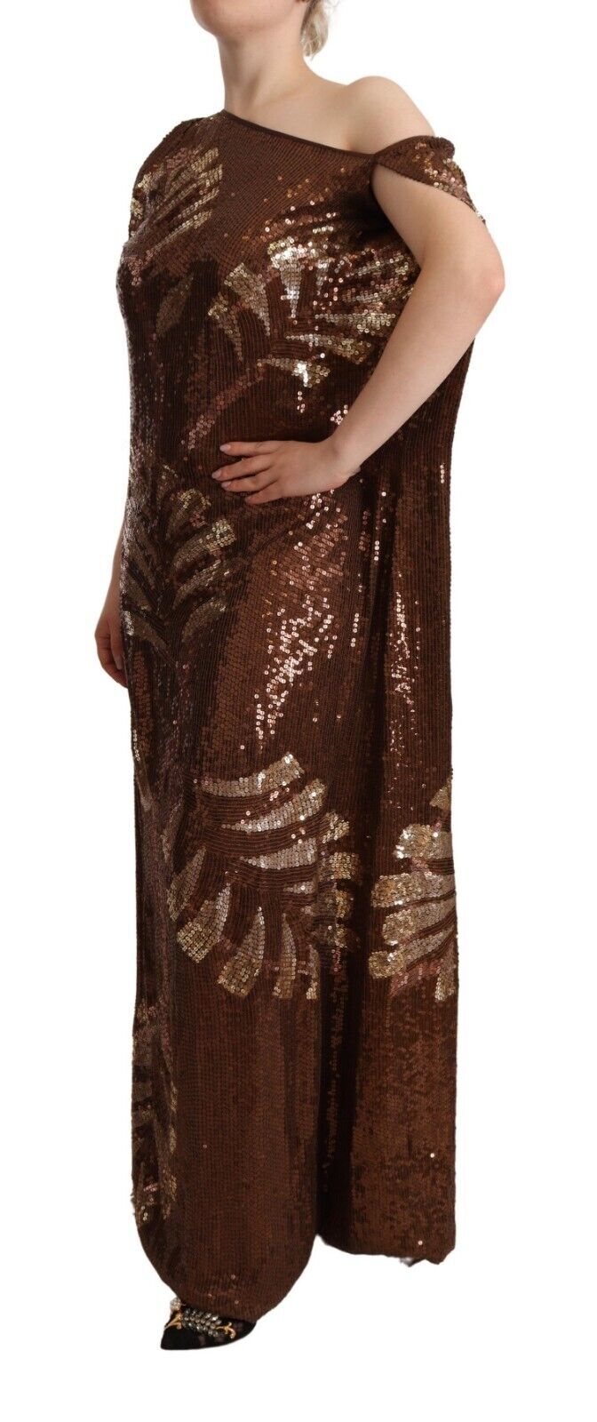Robe longue asymétrique Dsquared² marron à paillettes Leaf