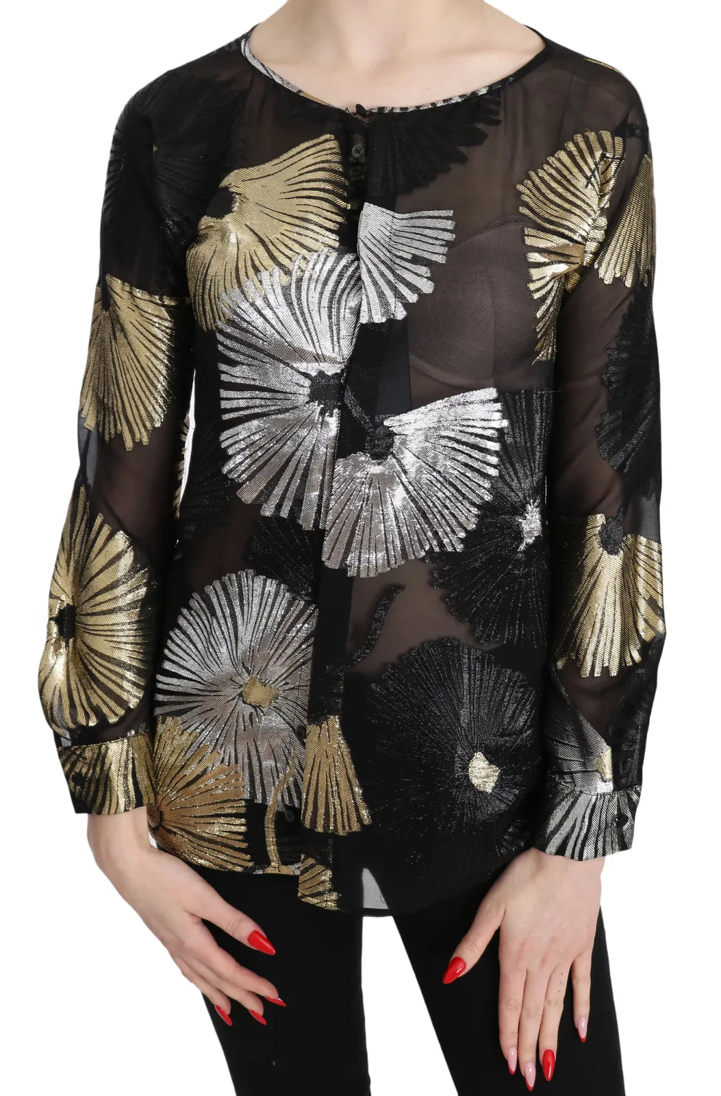 Schwarze Seidenbluse mit Gold- & Silber-Jacquarddetails