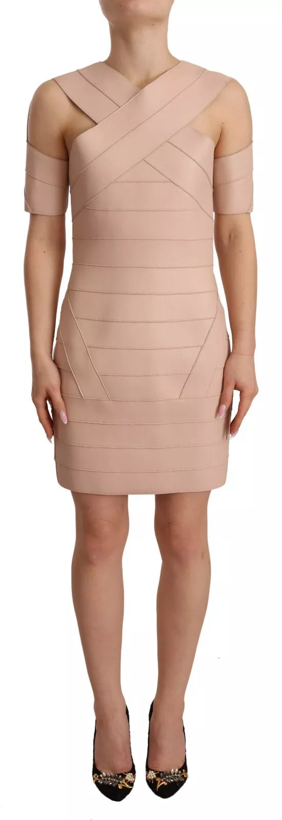 Beige Leather Mini Dress with Open Shoulders