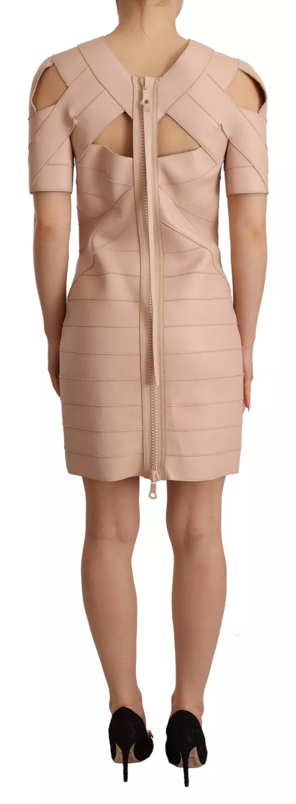 Robe fourreau mini en cuir beige à épaules dénudées