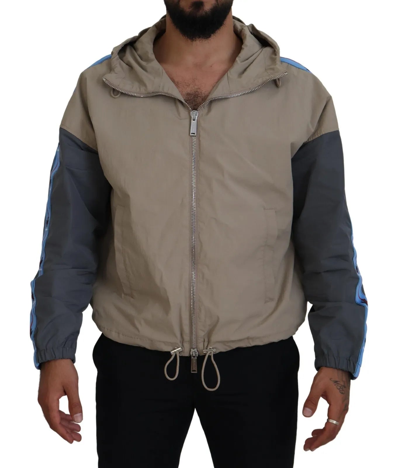 Veste à capuche zippée intégrale marron et grise à manches longues