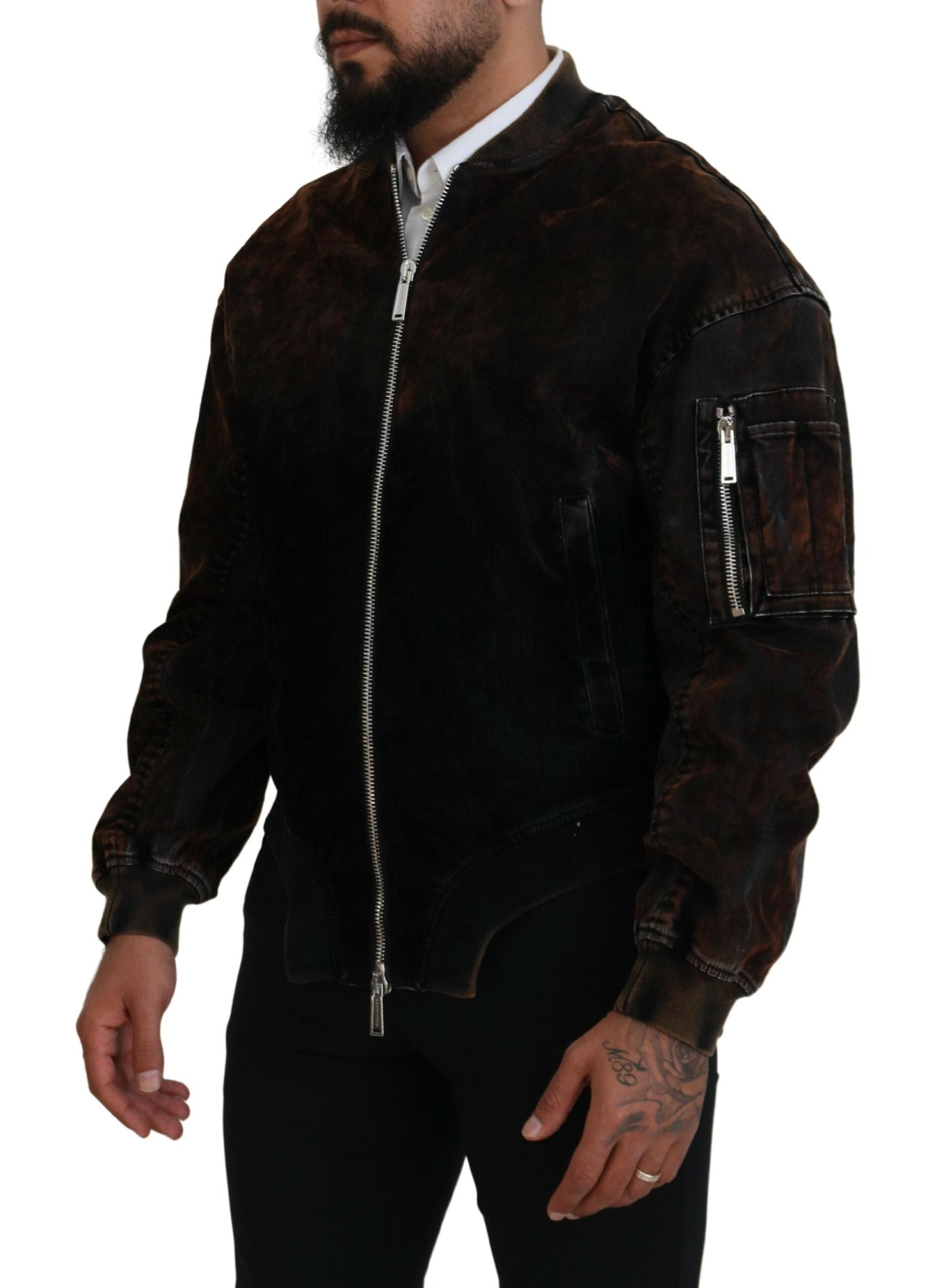 Veste bomber marron en coton avec fermeture éclair et poches à manches