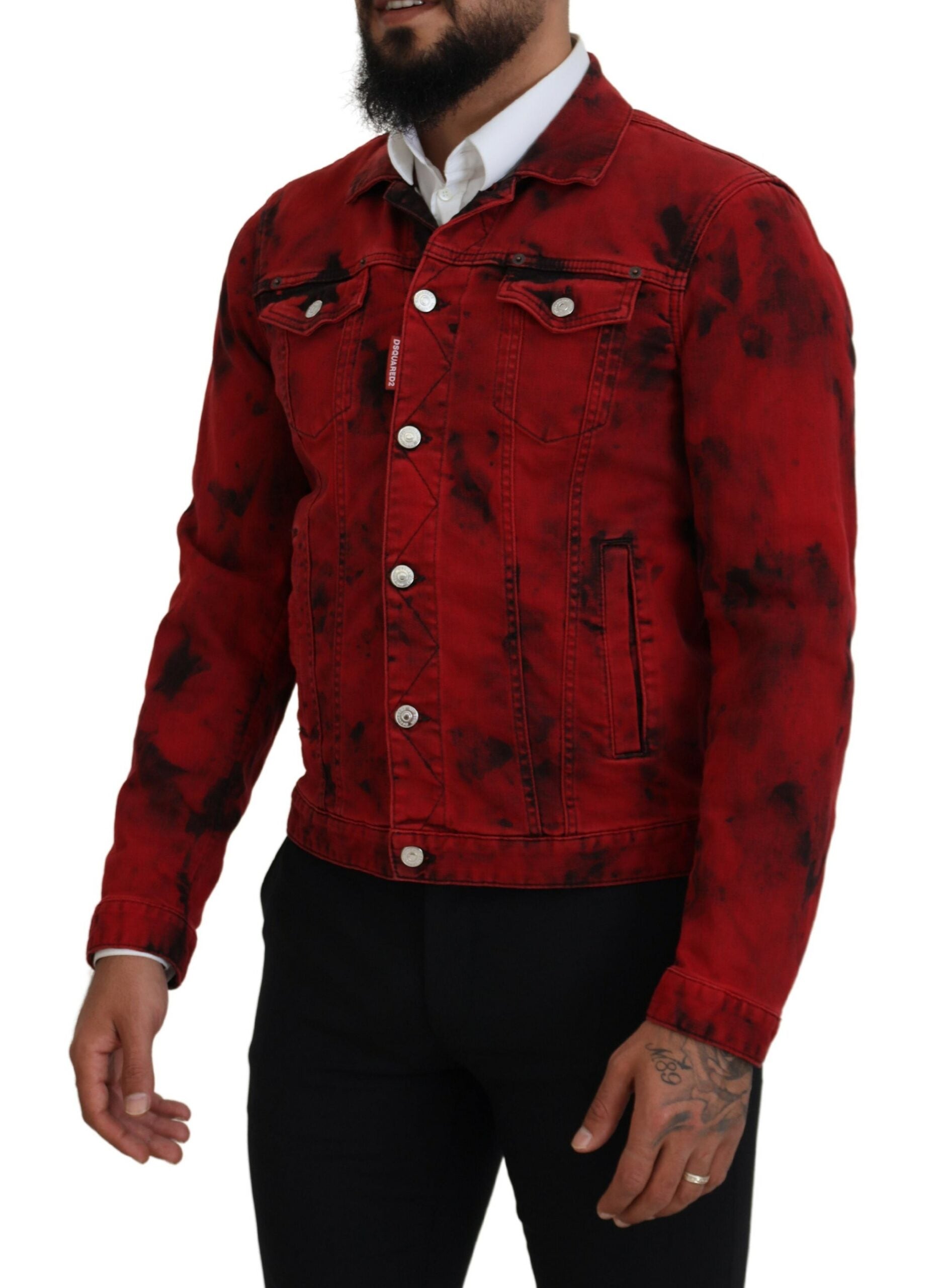 Veste en jean homme à col tie-dye rouge et noir