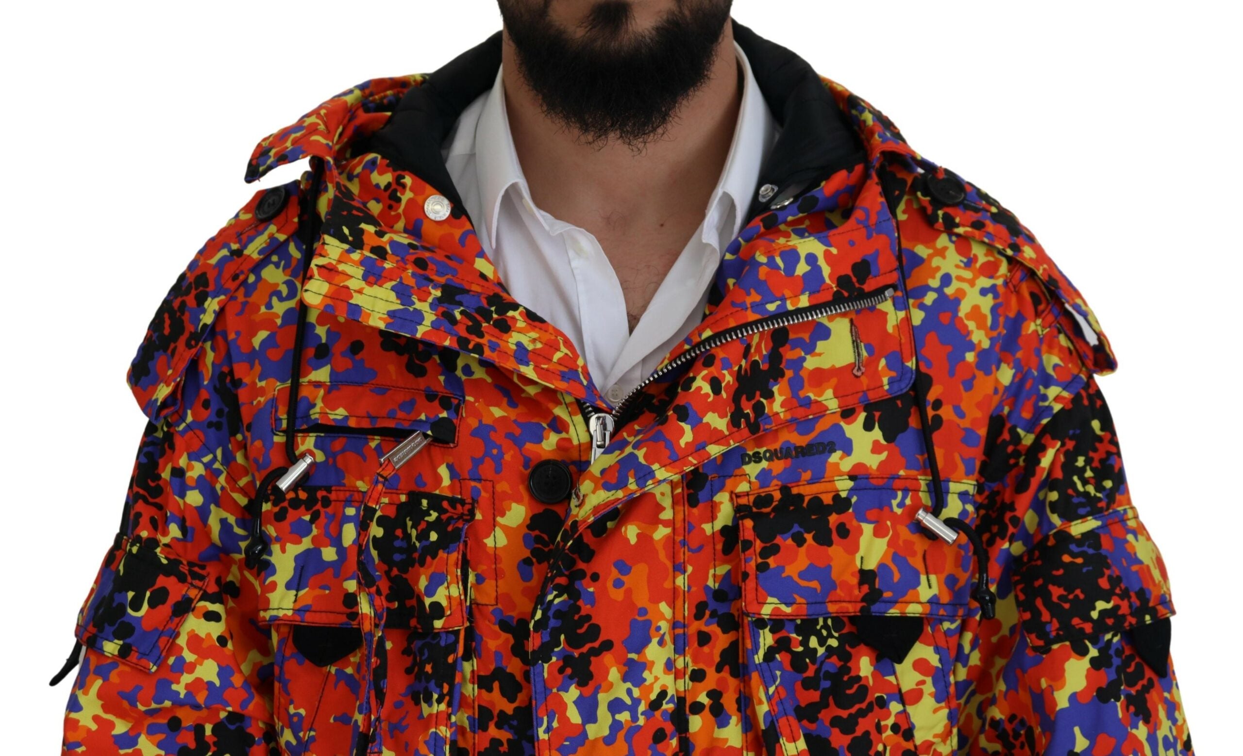 Manteau cargo long à capuche multicolore avec poches