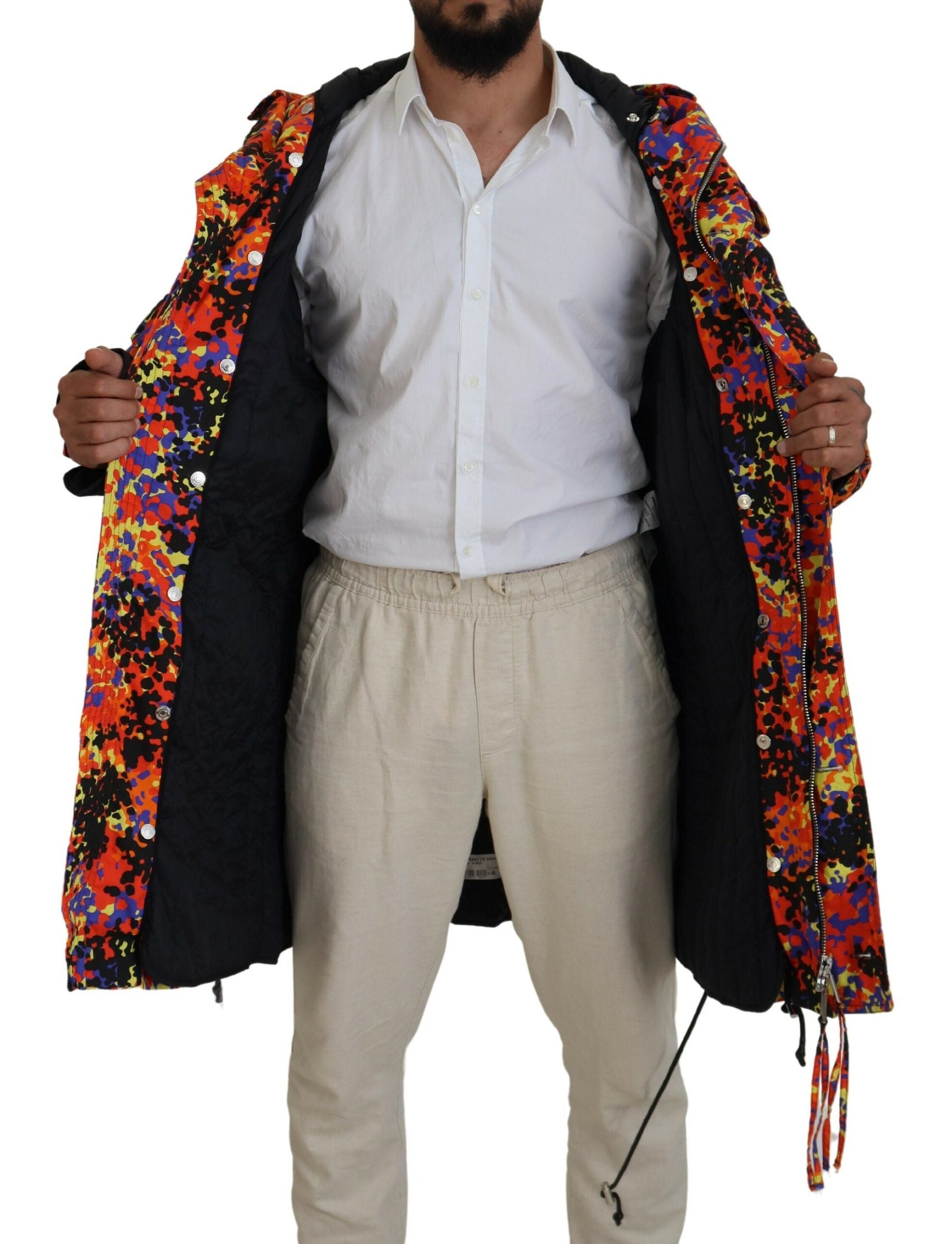 Manteau cargo long à capuche multicolore avec poches