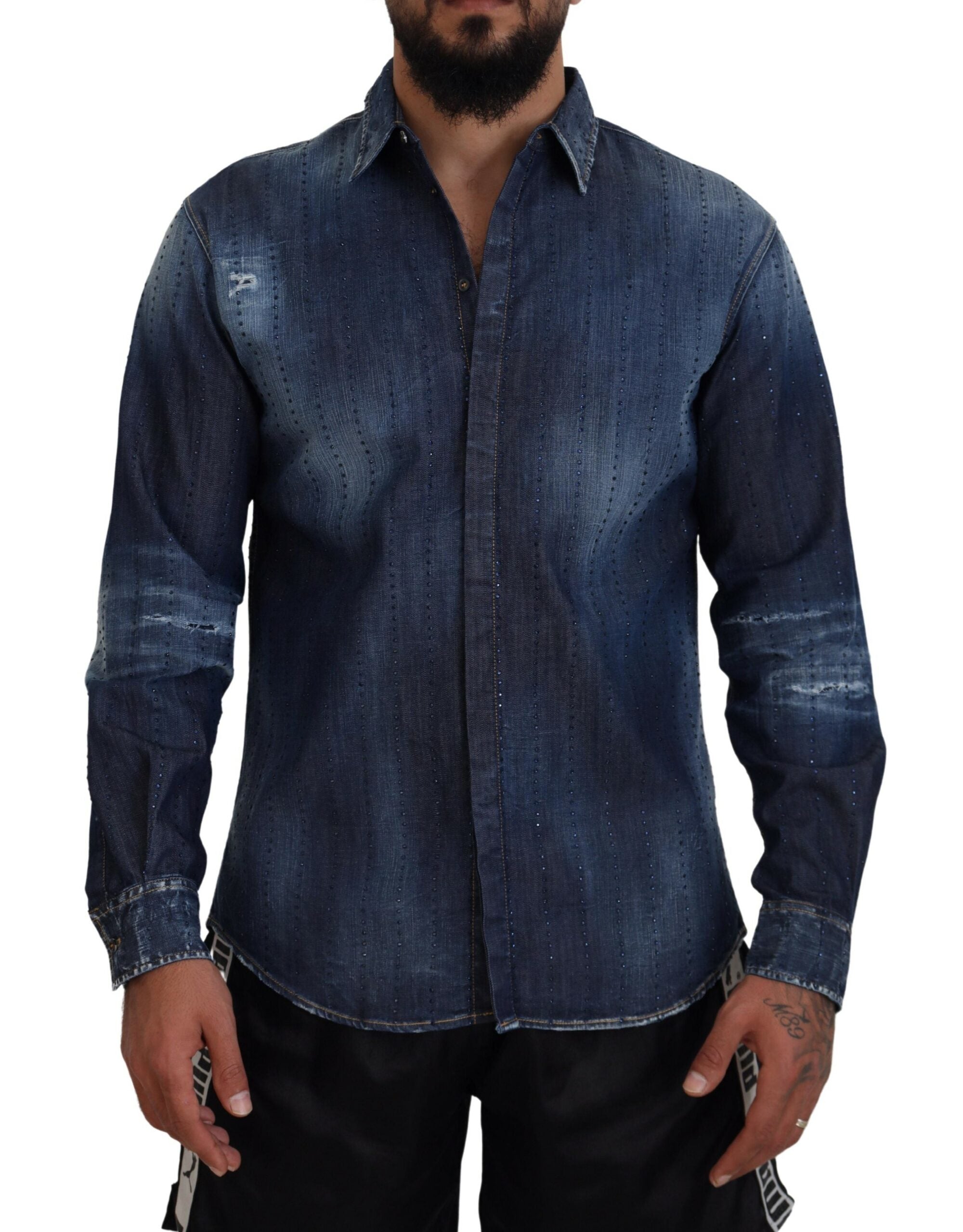 Blaues Jeanshemd aus Baumwolle mit aufwendig zerrissenen Details