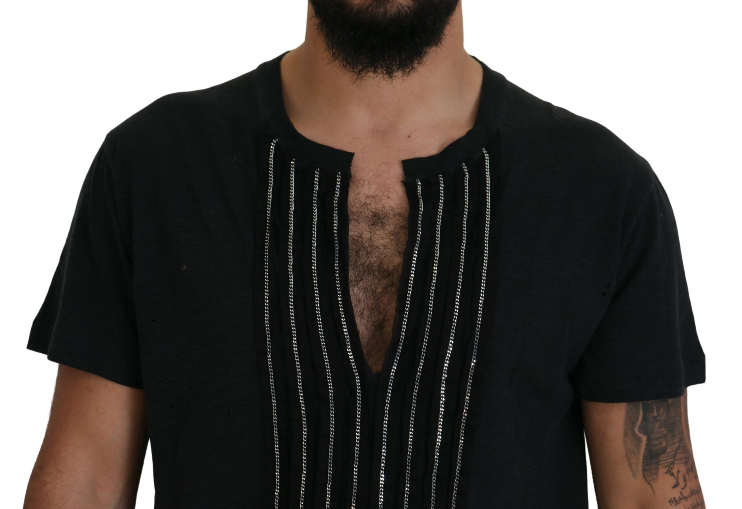 T-shirt à manches courtes en coton orné d'une chaîne noire