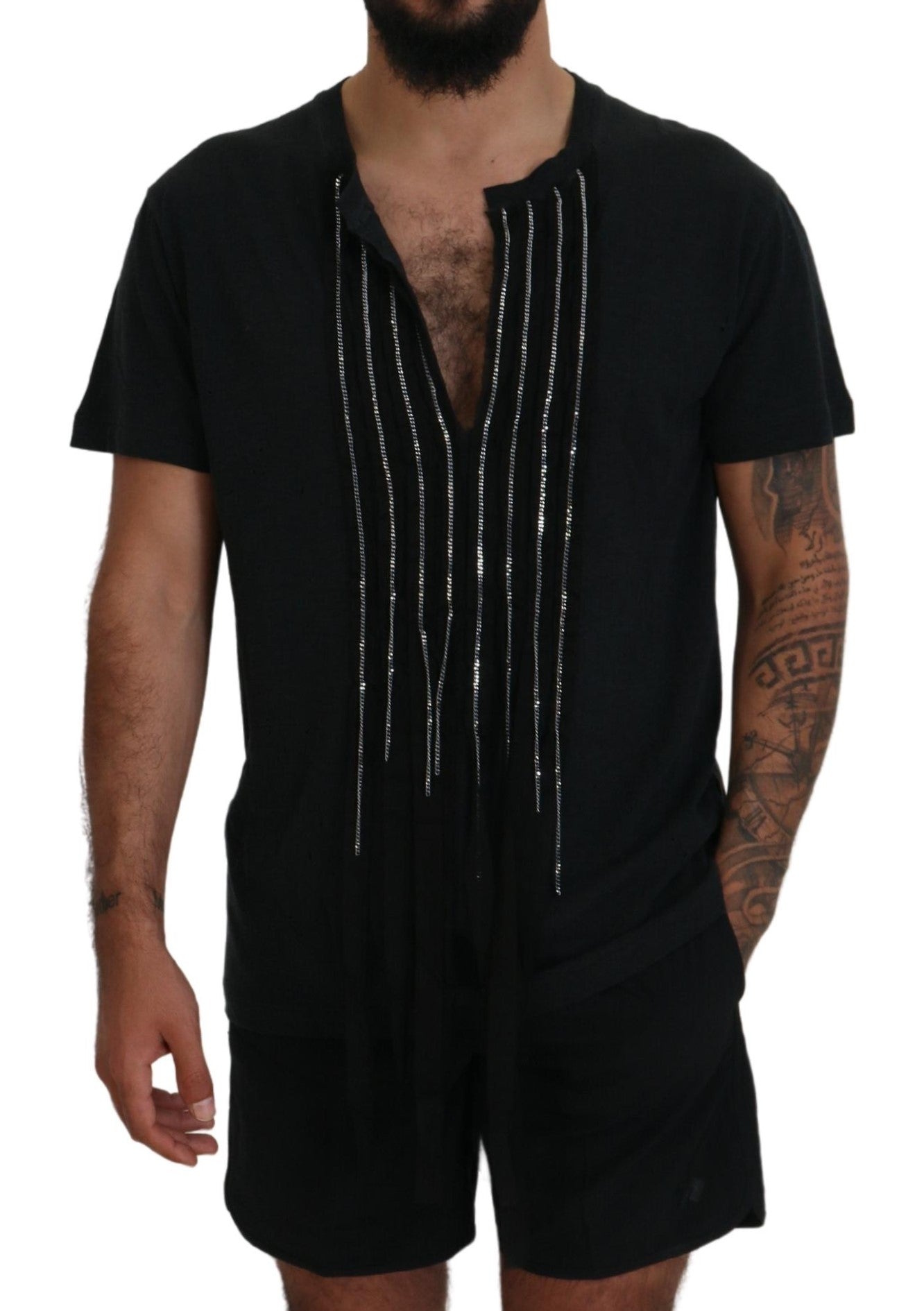 T-shirt à manches courtes en coton orné d'une chaîne noire