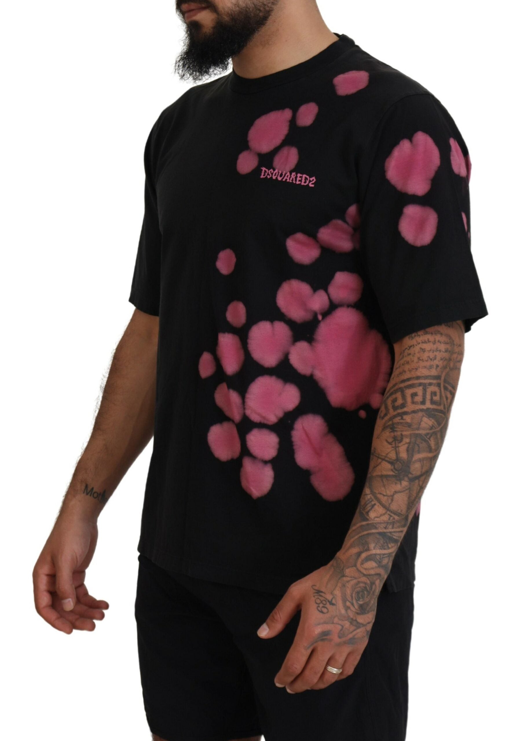Schwarz-rosa Baumwoll-Rundhals-T-Shirt mit kurzen Ärmeln
