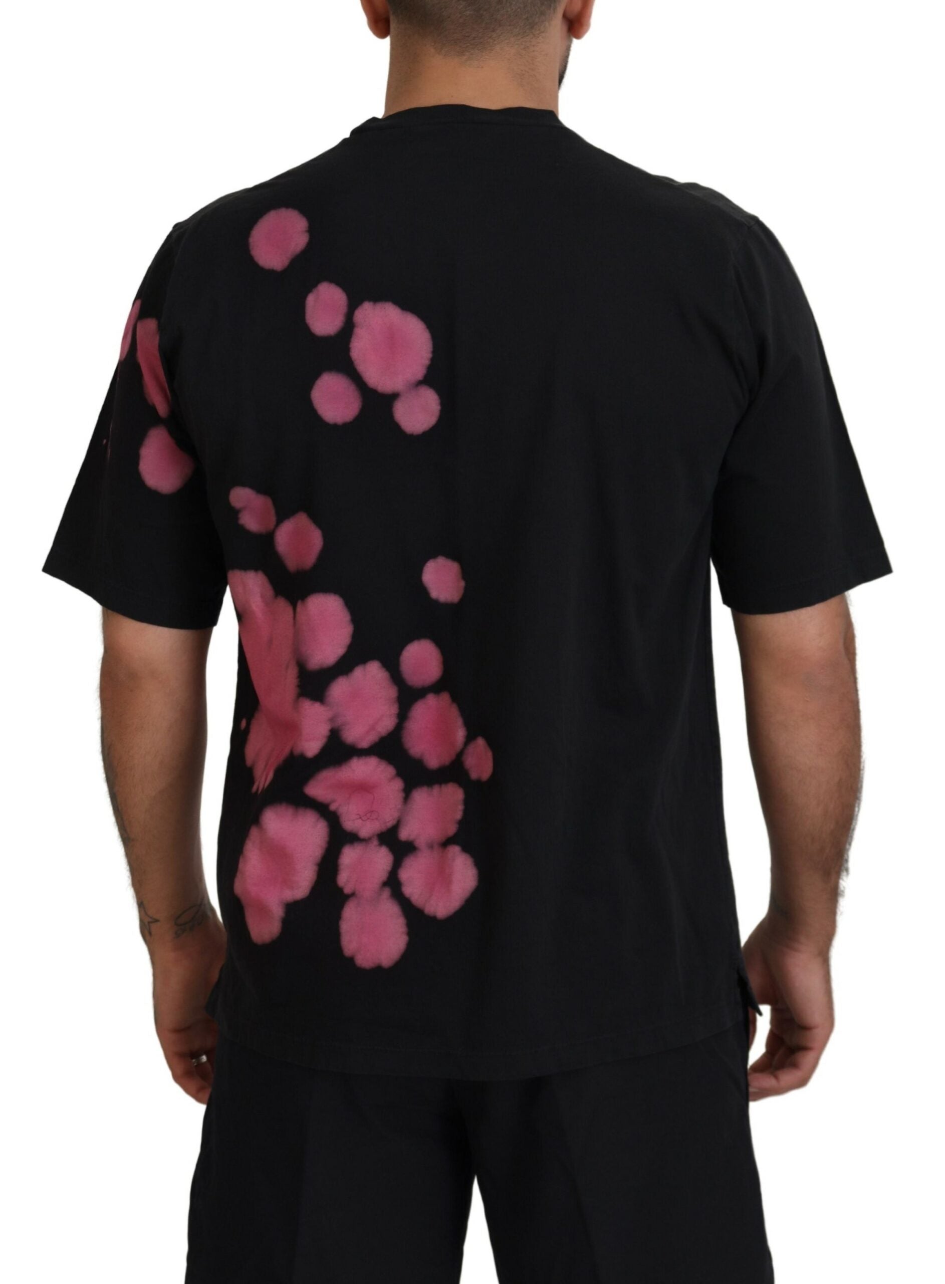 T-shirt à manches courtes et col rond en coton noir et rose