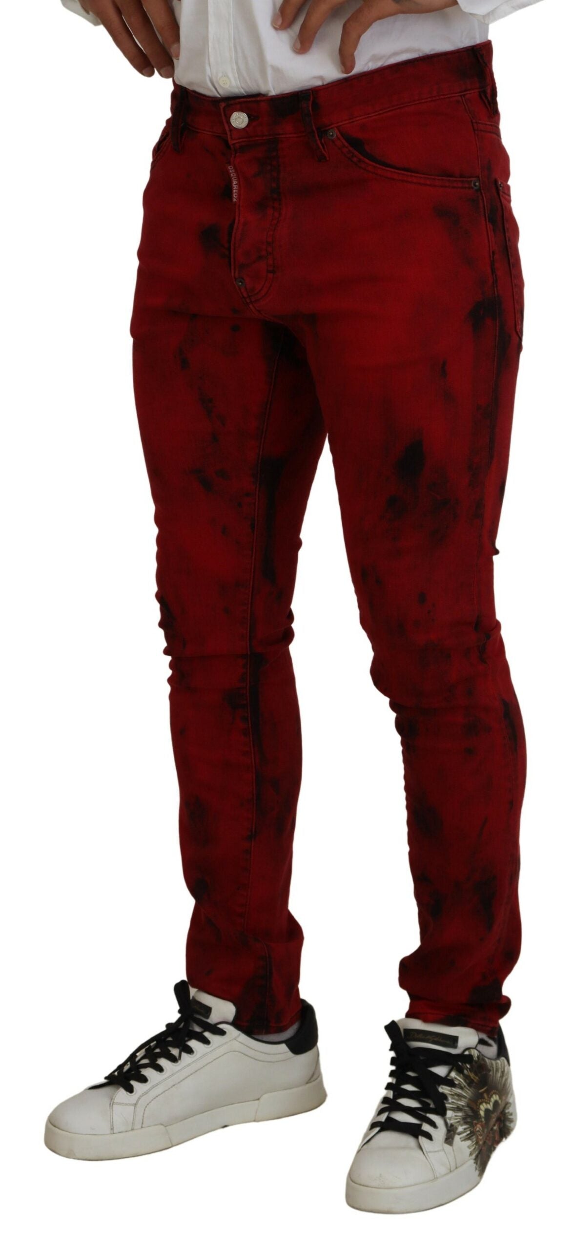 Jean skinny décontracté en denim rouge tie-dye pour homme