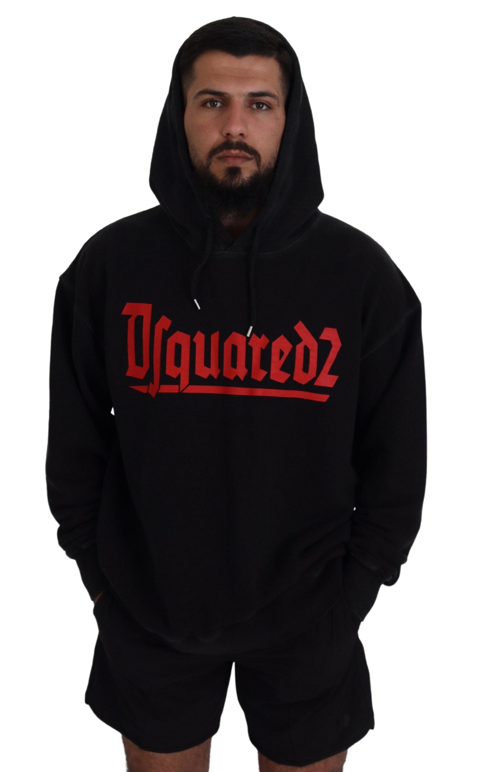 Pull-over à capuche imprimé en coton noir pour homme