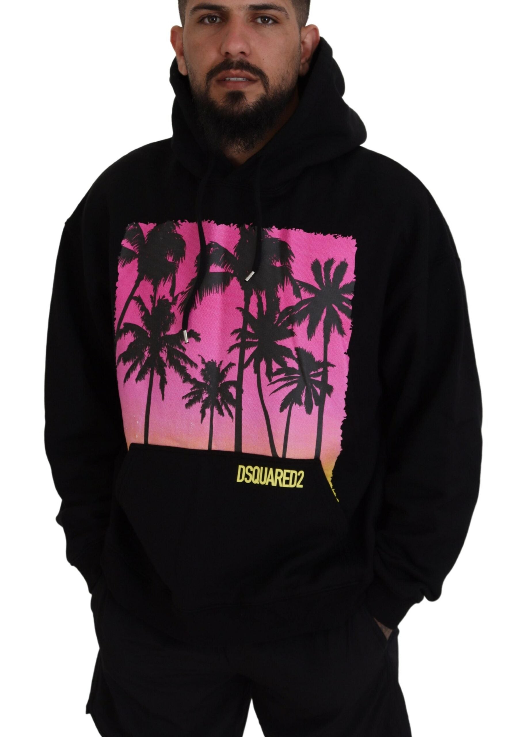 Pull-over à capuche imprimé en coton noir pour homme