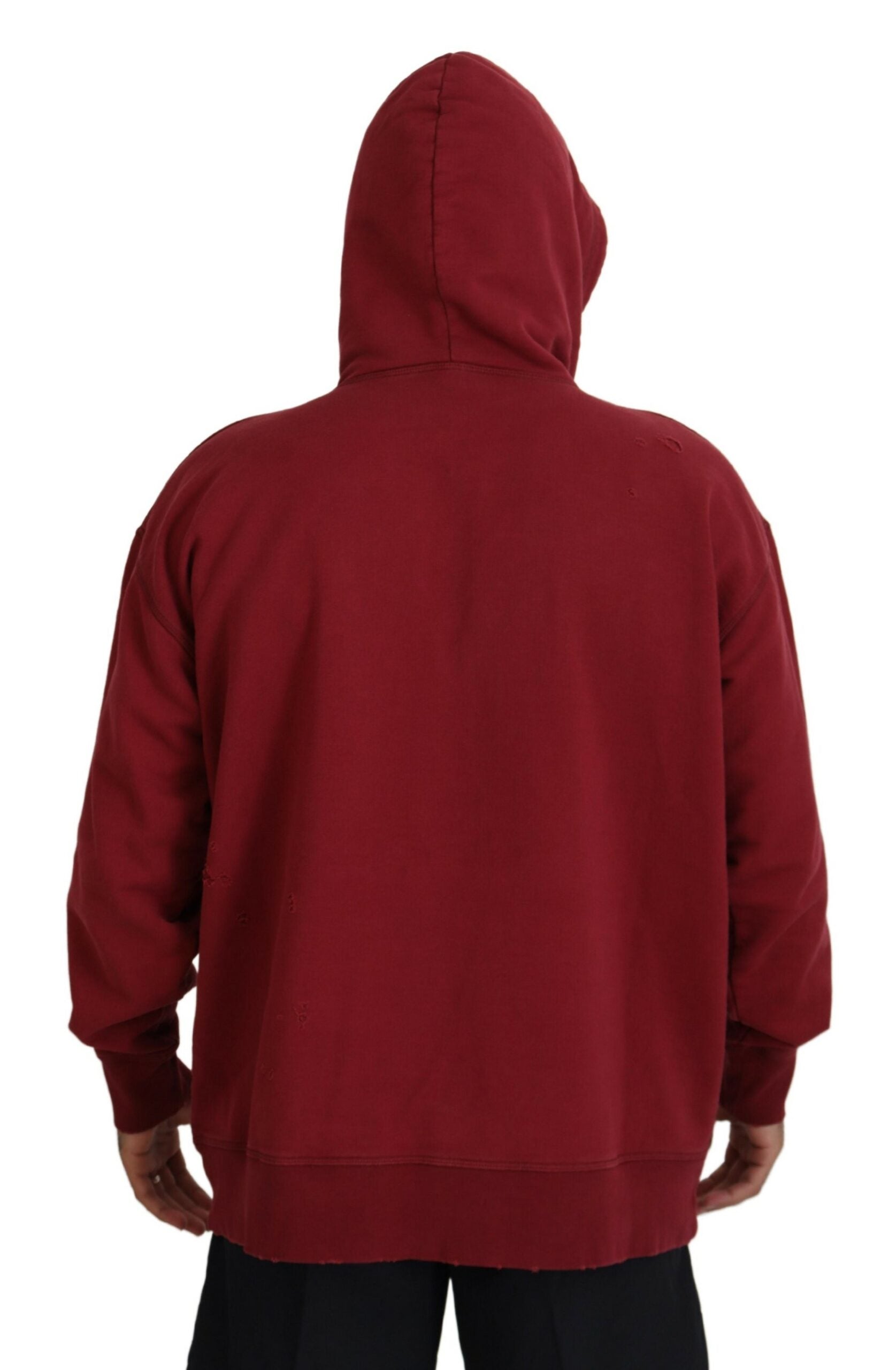 Pull à capuche imprimé en coton bordeaux à bords déchirés