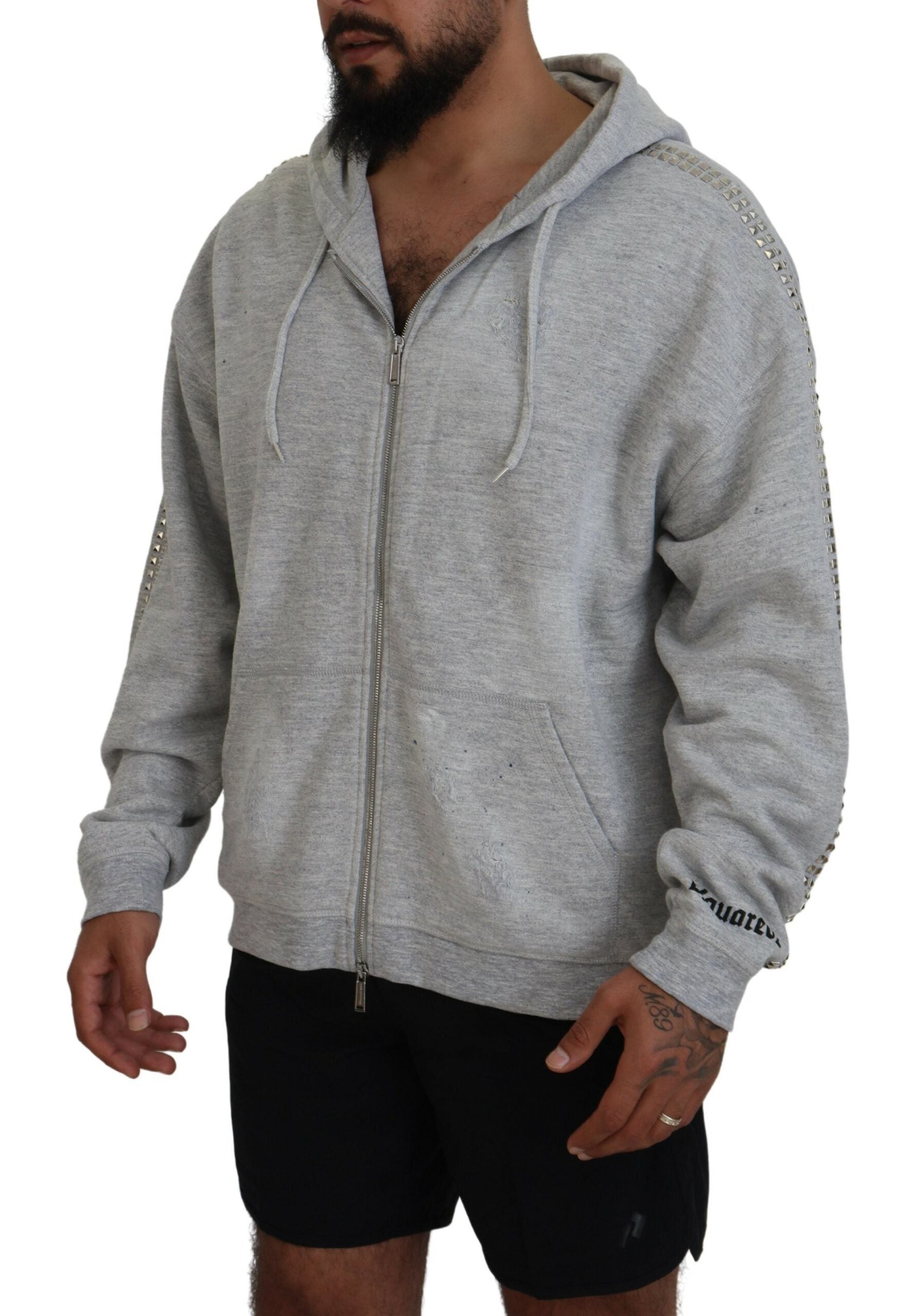 Pull gris à capuche imprimé orné de cristaux