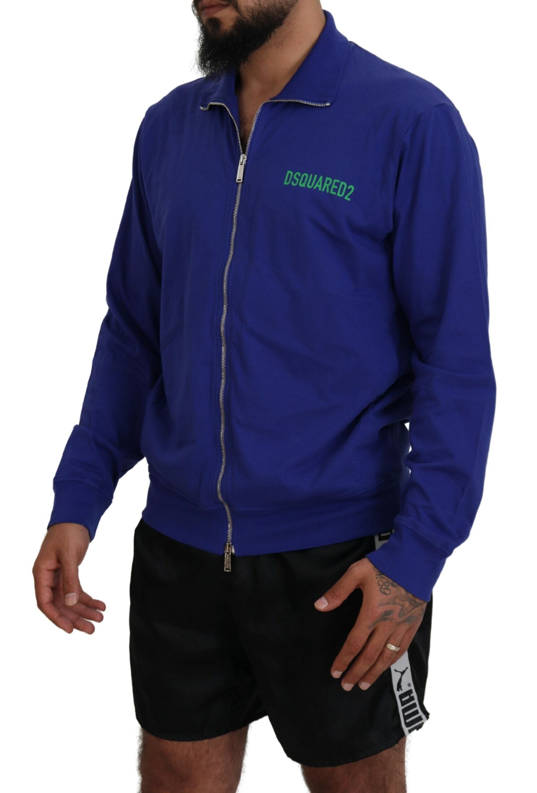 Blauer Baumwollpullover mit durchgehendem Reißverschluss, Kragen und Logoaufdruck