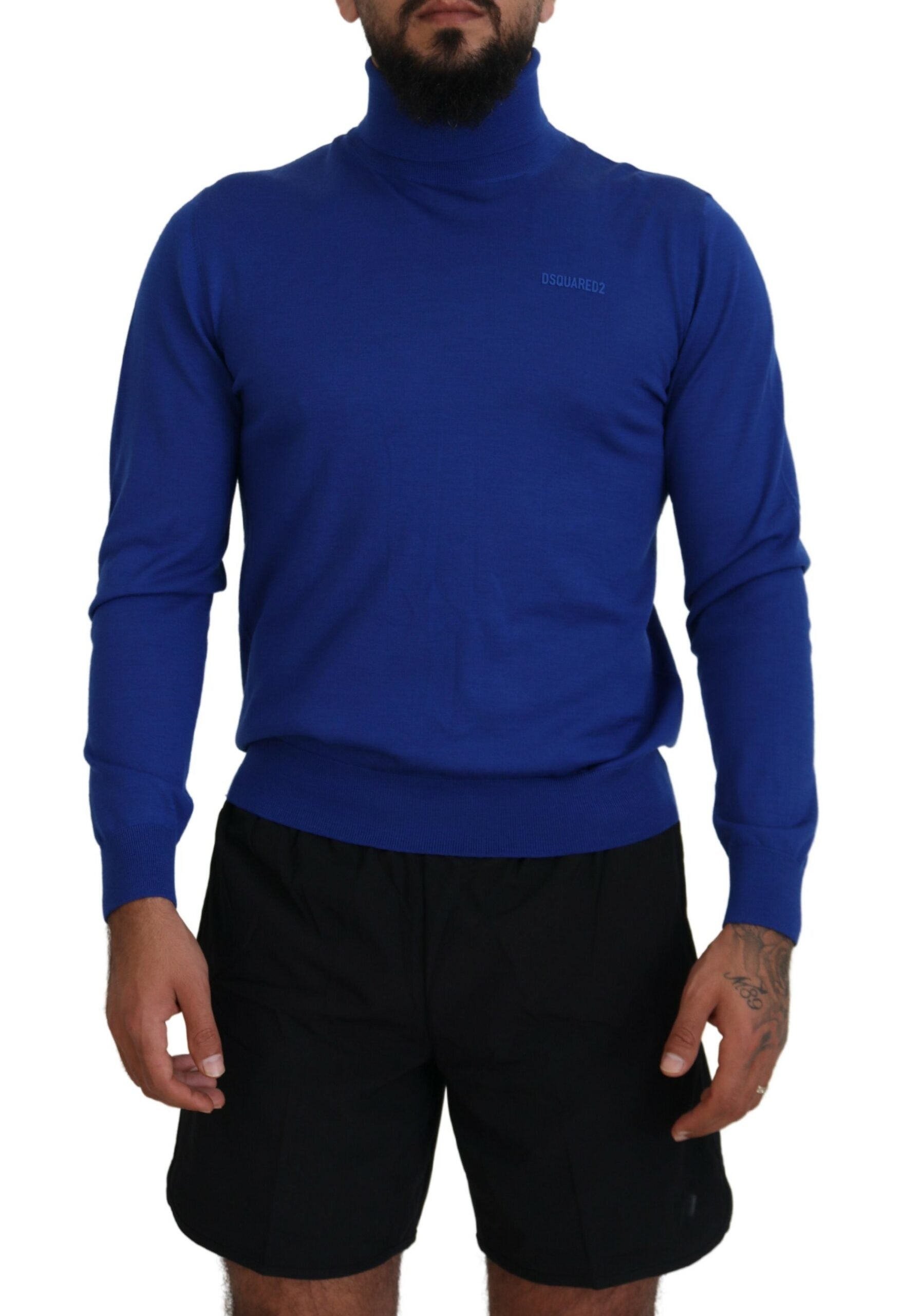 Blauer Rollkragenpullover aus Wolle mit Logoprint