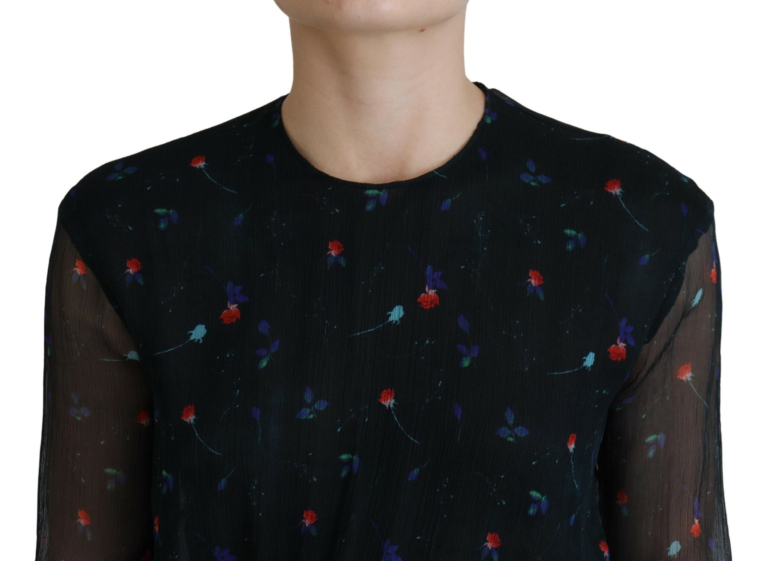 Black Floral Silk Mini Sheath Dress with Long Sleeves