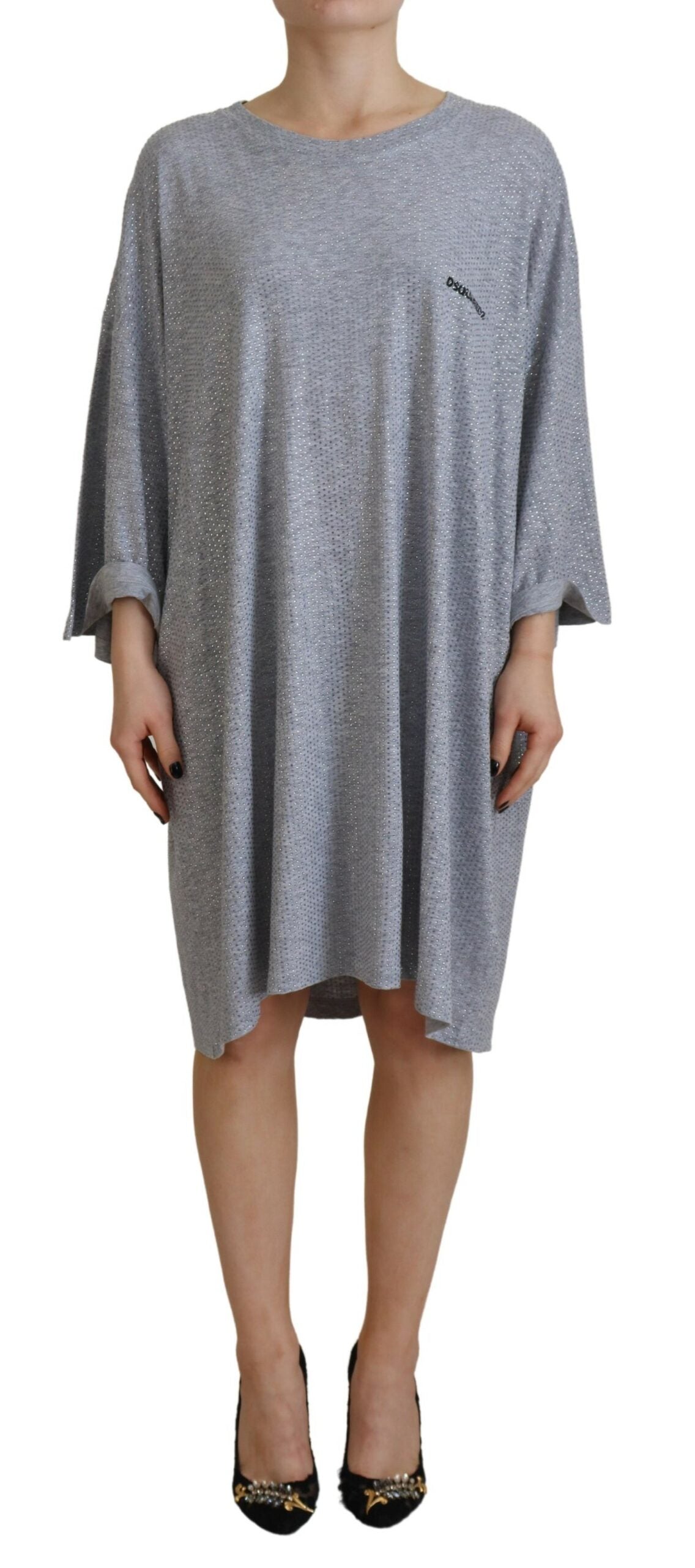 Robe longue en coton gris ornée de cristaux, manches longues