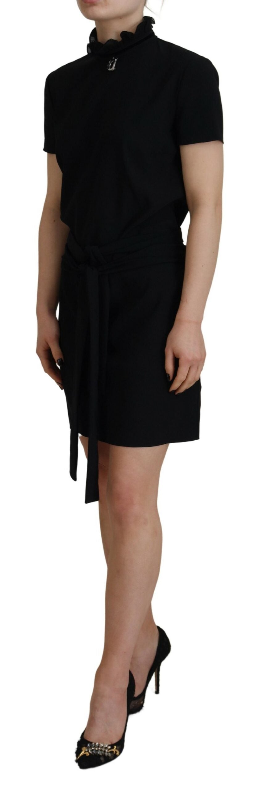 Black Synthetic Sheath Mini Dress with Short Sleeves