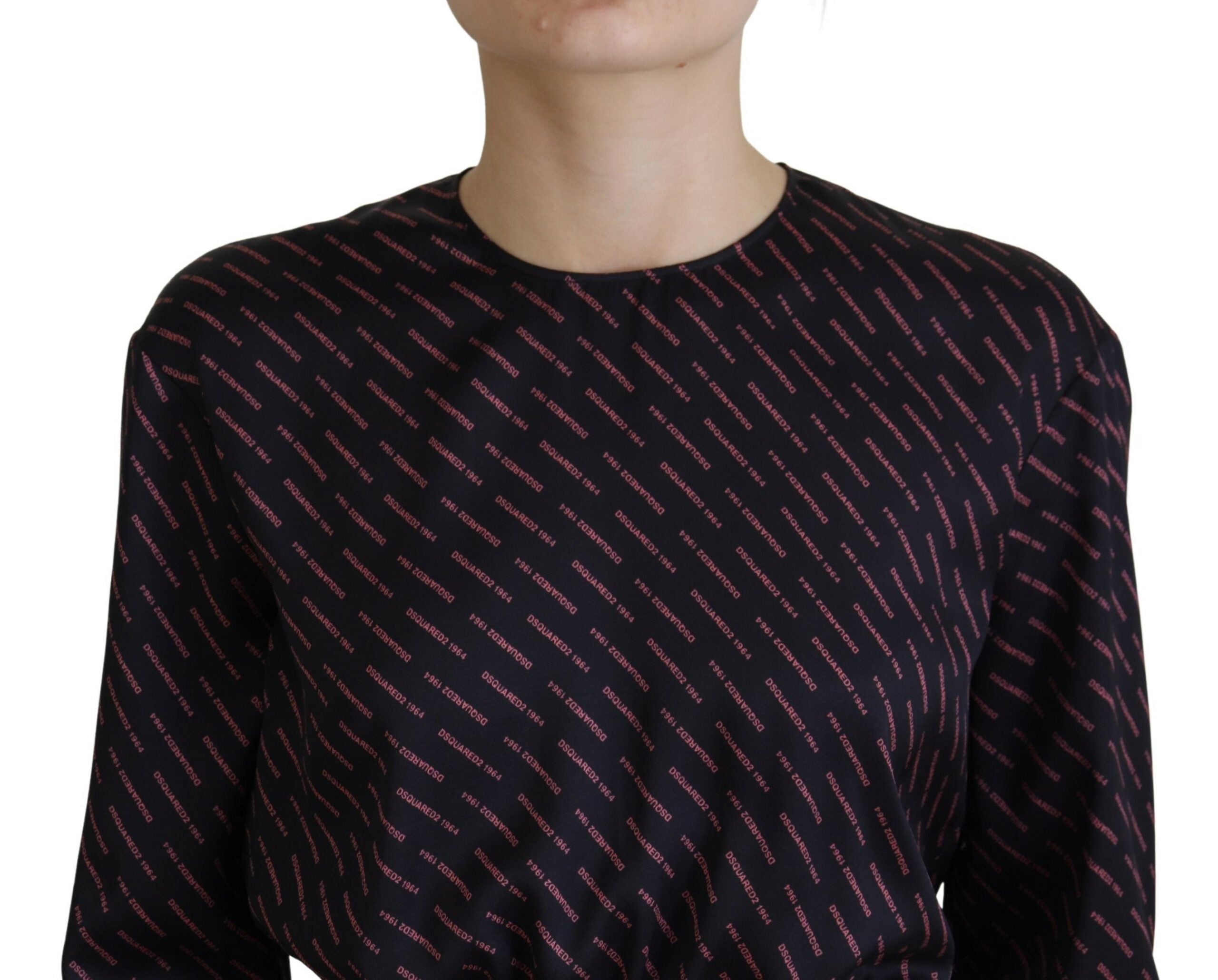 Black Synthetic A-Line Mini Dress with Logo Print and Long Sleeves