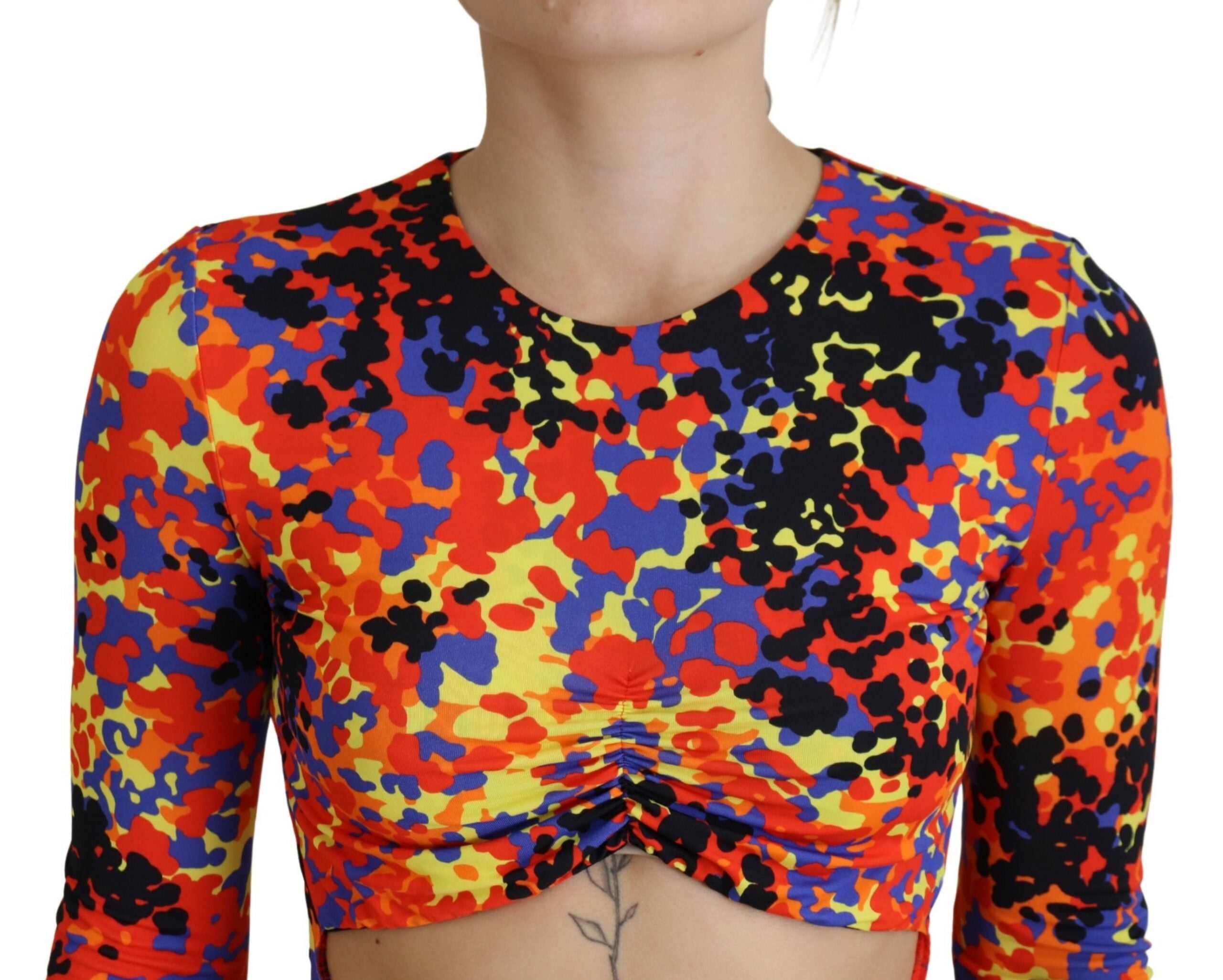 Mehrfarbiges synthetisches Bodycon-Kleid mit offenem Bauch und langen Ärmeln