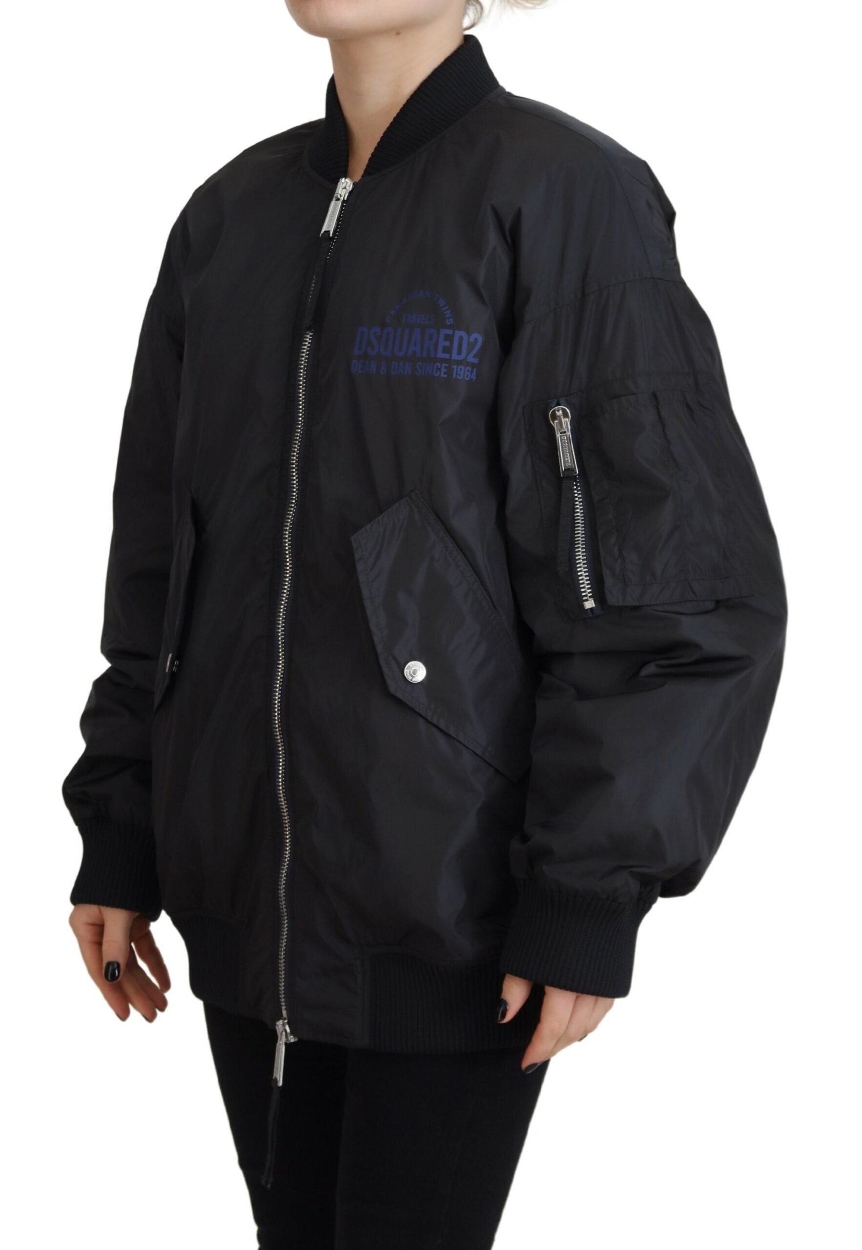 Schwarze Bomberjacke aus Synthetik mit Logo-Reißverschluss