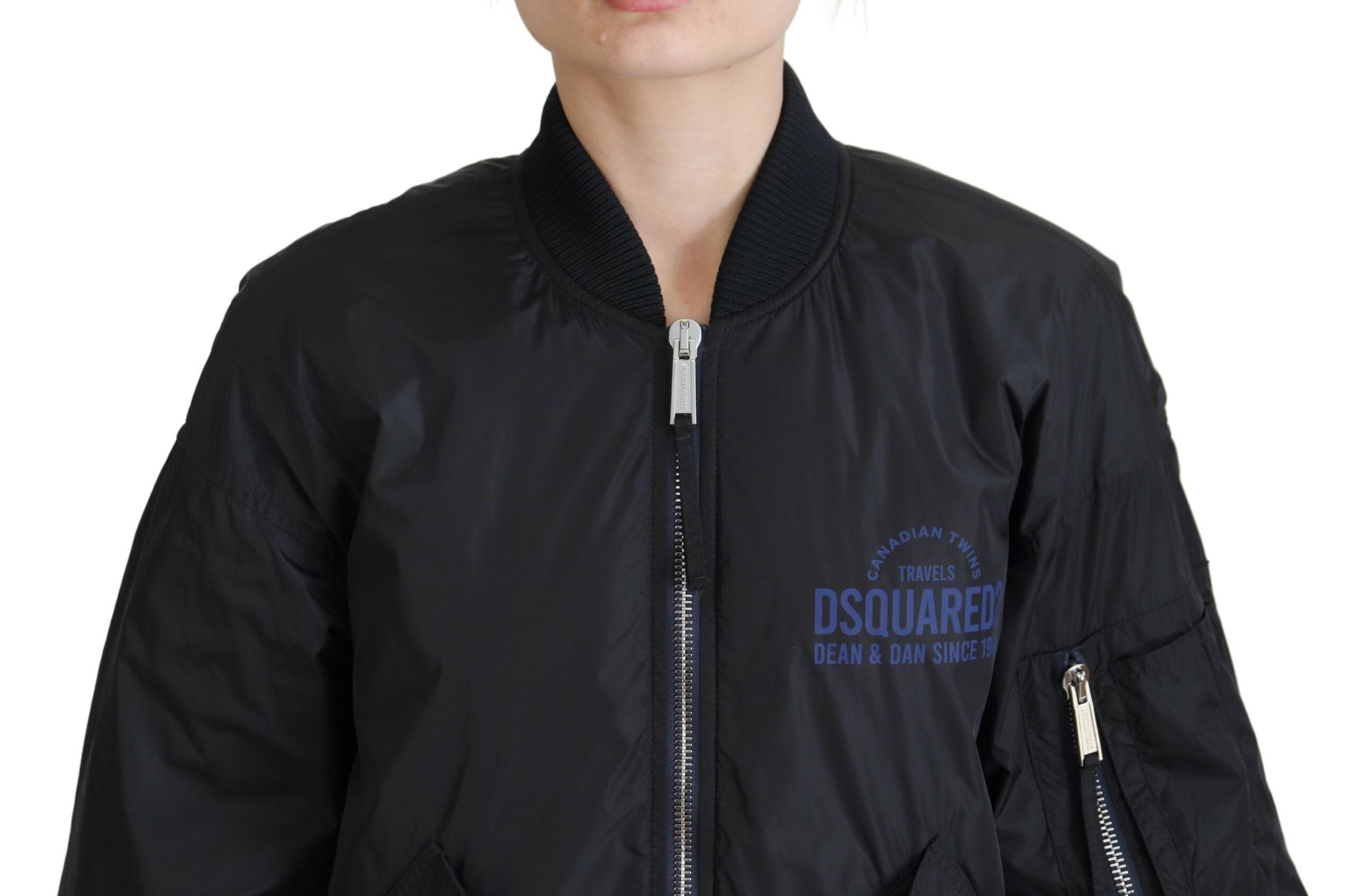 Schwarze Bomberjacke aus Synthetik mit Logo-Reißverschluss