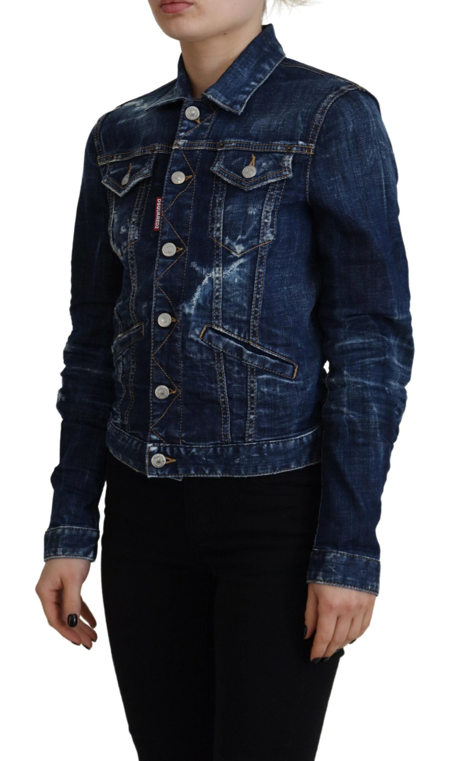 Blue Cotton Denim Jacket with Icon Print and Distressed Detail